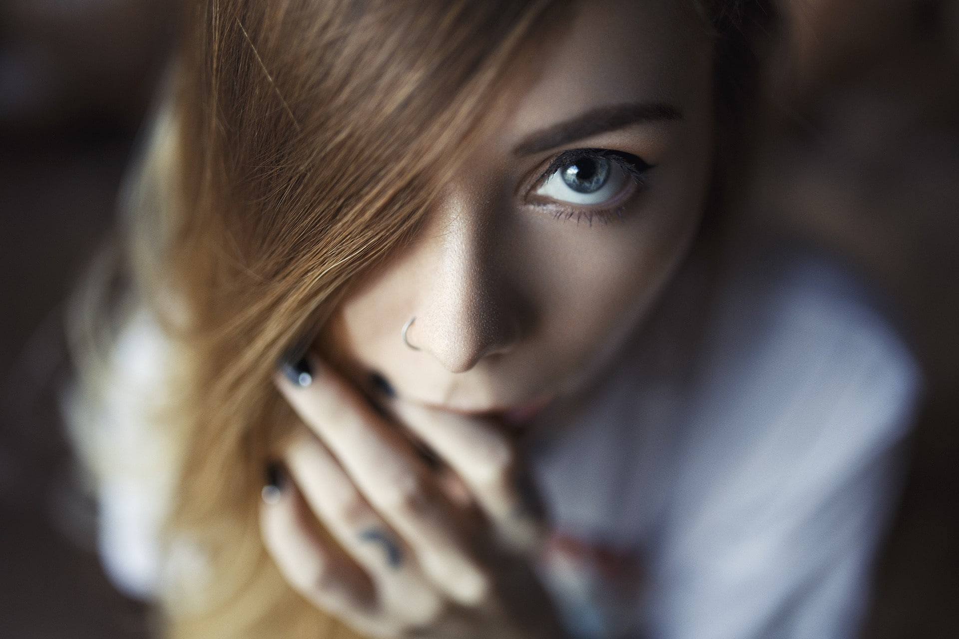 face, blonde, portrait, 1080P, blue eyes, women, Natalia Shardina, depth of field, model, piercing, Ura Pechen, eyes, HD Wallpaper