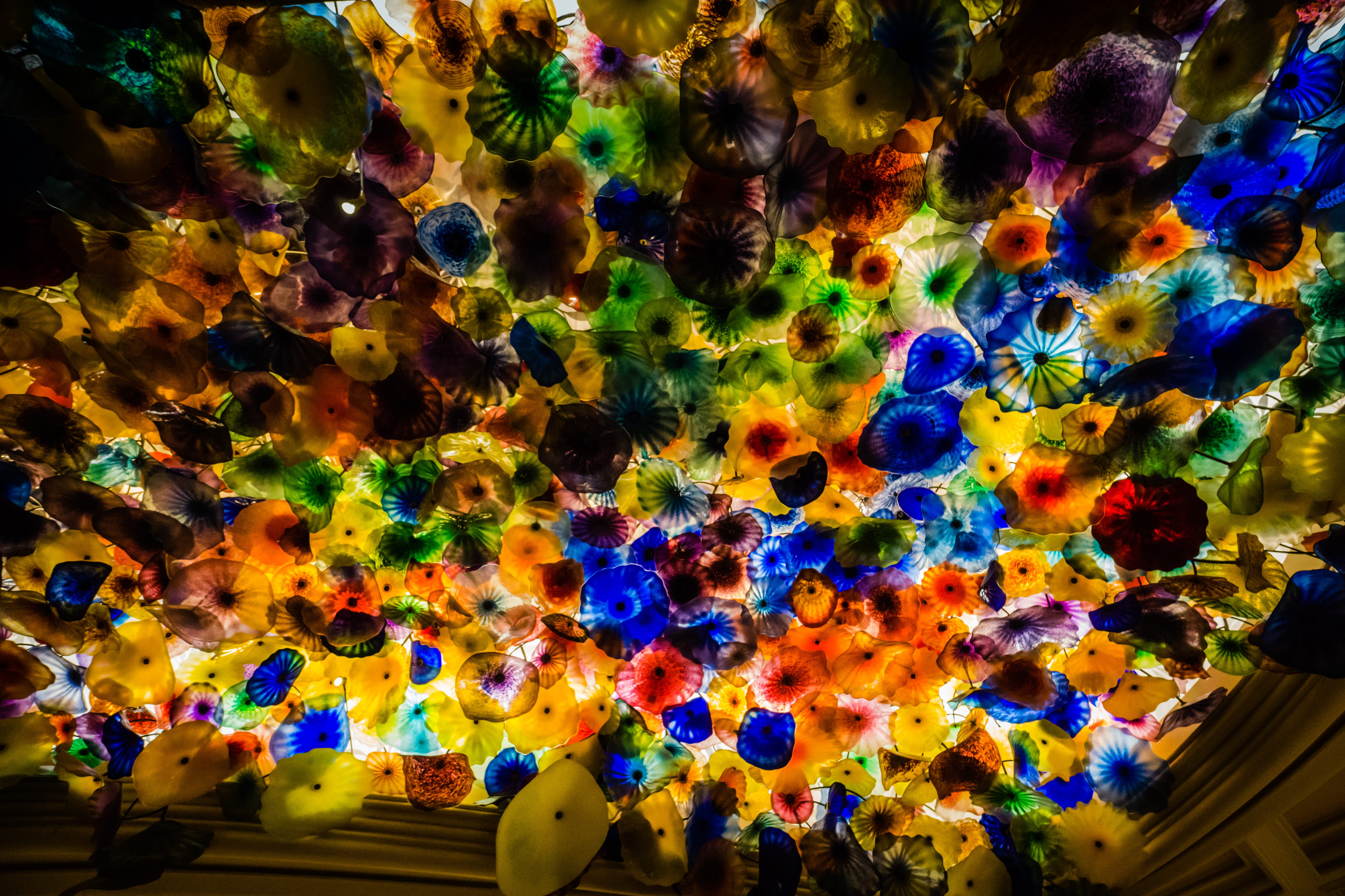 illuminated, Blown Glass, full frame, Las Vegas, decoration, ceiling, art and craft, design, Chihuly, creativity, built structure, backgrounds, indoors, HD Wallpaper