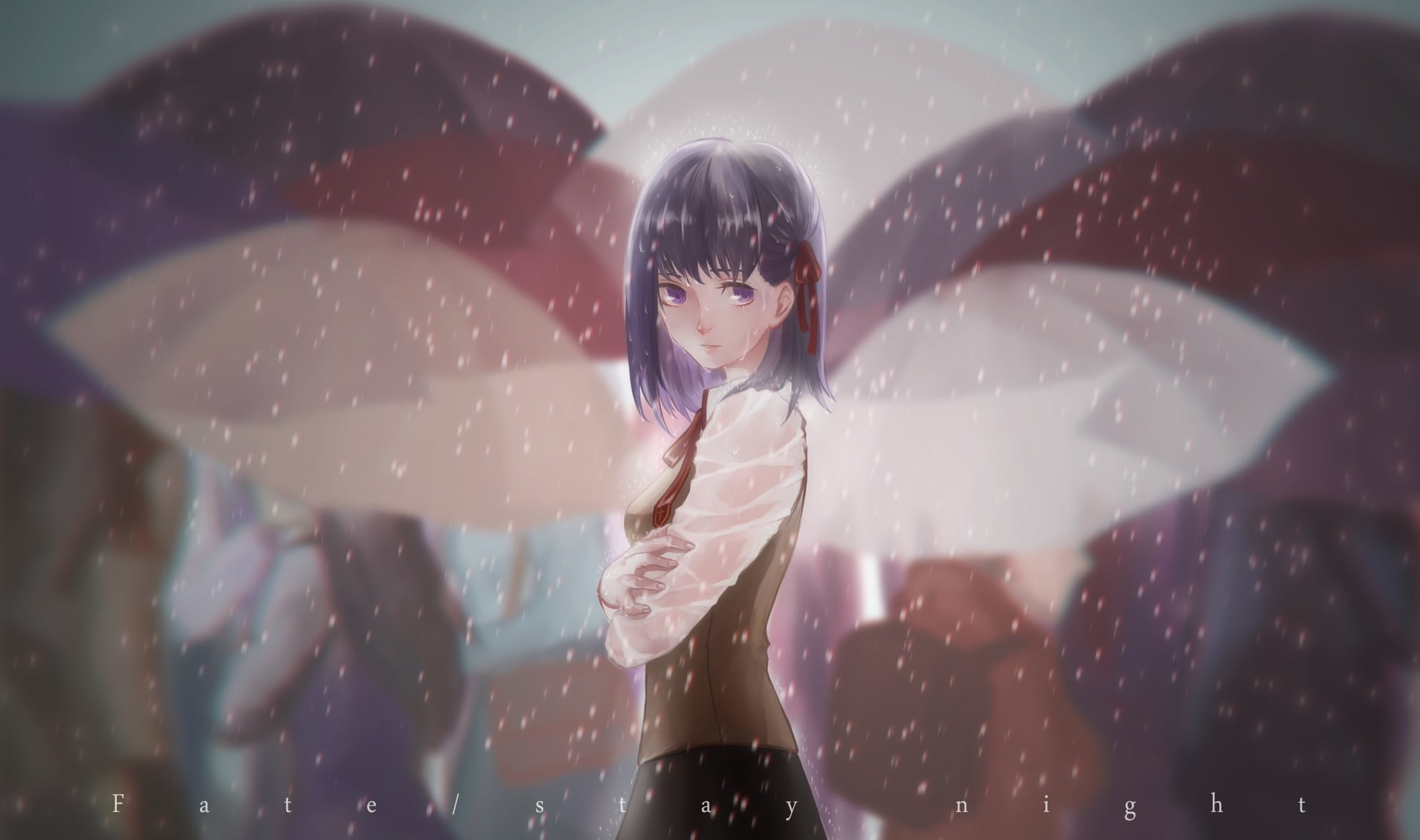 rain, one person, anime girls, child, young women, outdoors, girls, females, front view, portrait, Matou Sakura, day, 1080P, Fate Series, innocence, anime, HD Wallpaper