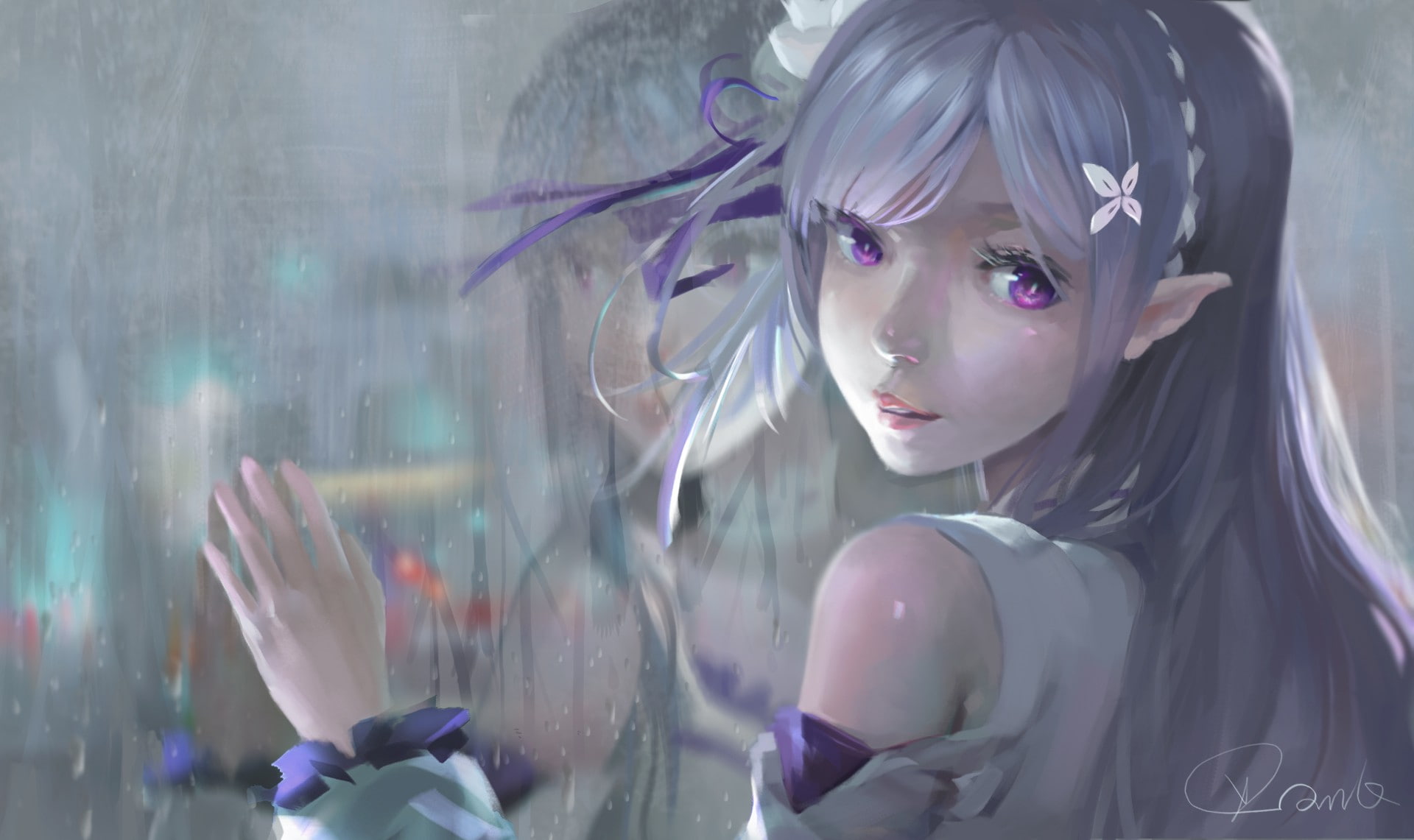 Re:Zero Kara Hajimeru Isekai Seikatsu, 1080P, long hair, elves, gray hair, purple eyes, anime girls, rain, Emilia (Re: Zero), anime, HD Wallpaper