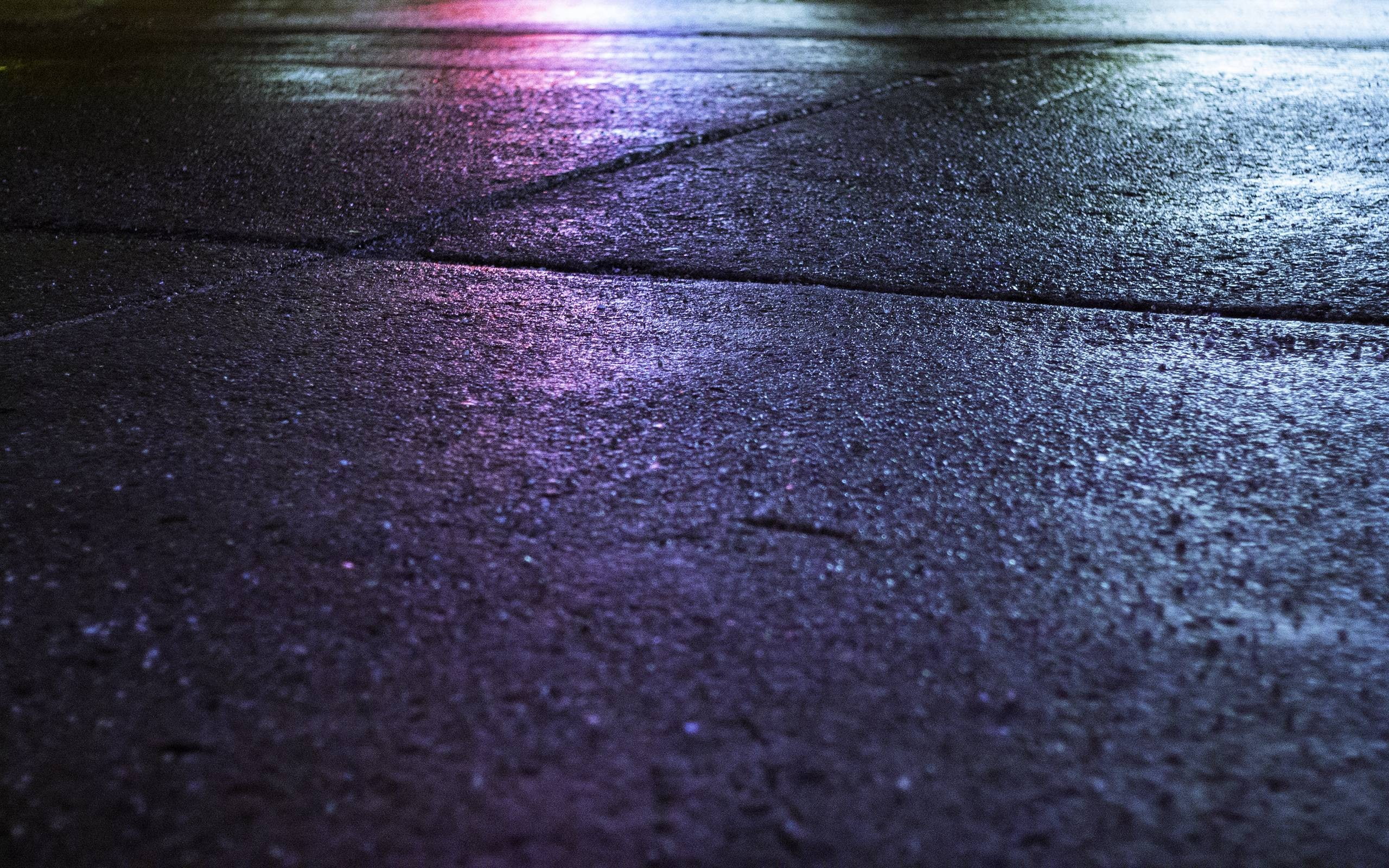 2K, backgrounds, concrete, selective focus, surface level, road, no people, wet, nature, city, asphalt, textured, rain, footpath, transportation, purple, HD Wallpaper