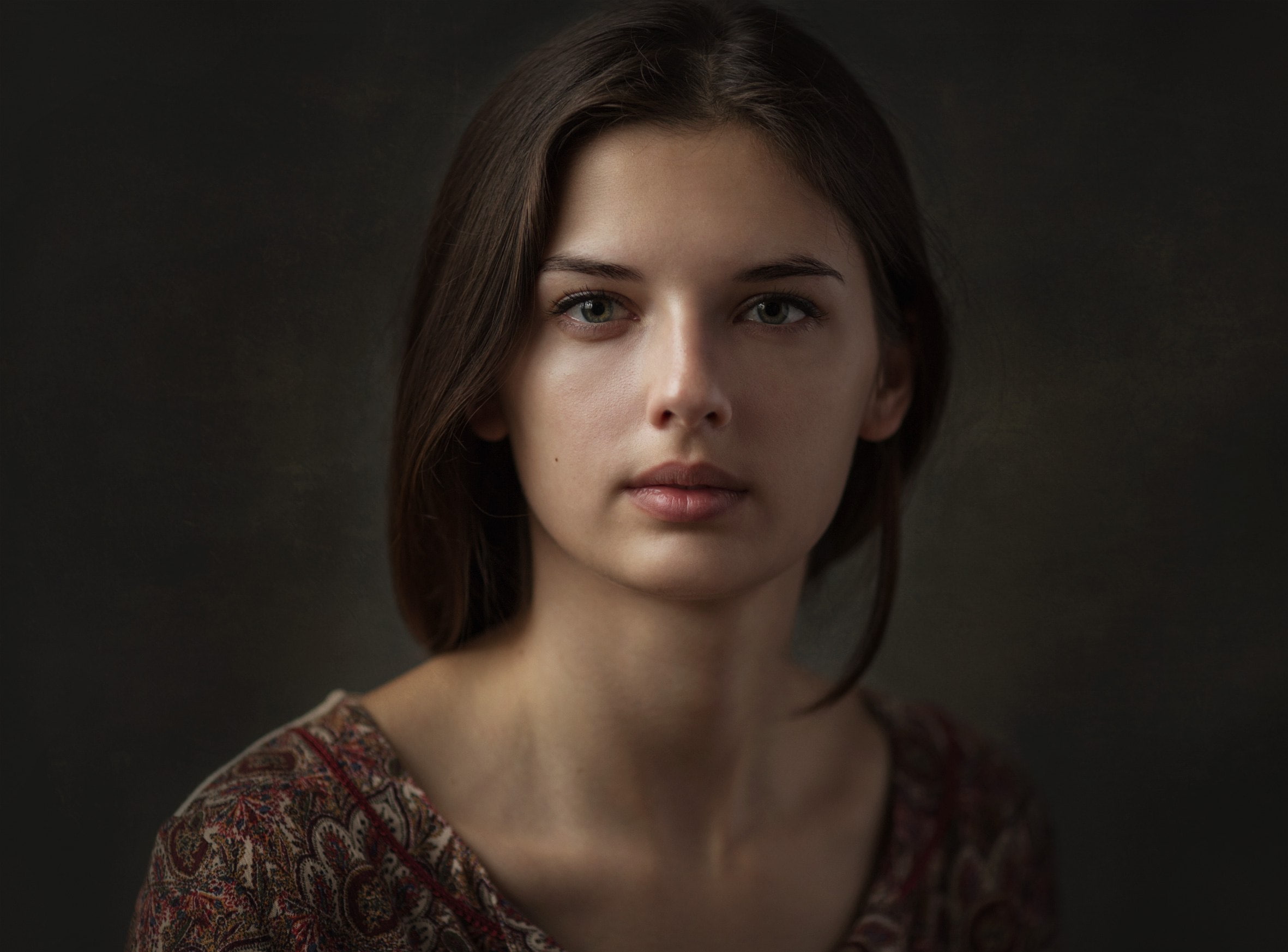 portrait, indoors, face, hair, one person, young adult, 1080P, brown hair, front view, headshot, black background, close-up, beauty, beautiful woman, depression - sadness, HD Wallpaper