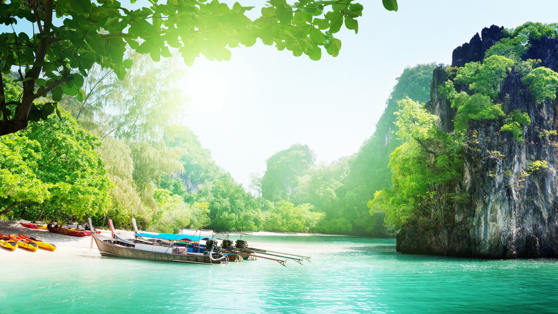 boat, water, 1080P, trees, landscapes, leisure, mountain, lake, HD Wallpaper