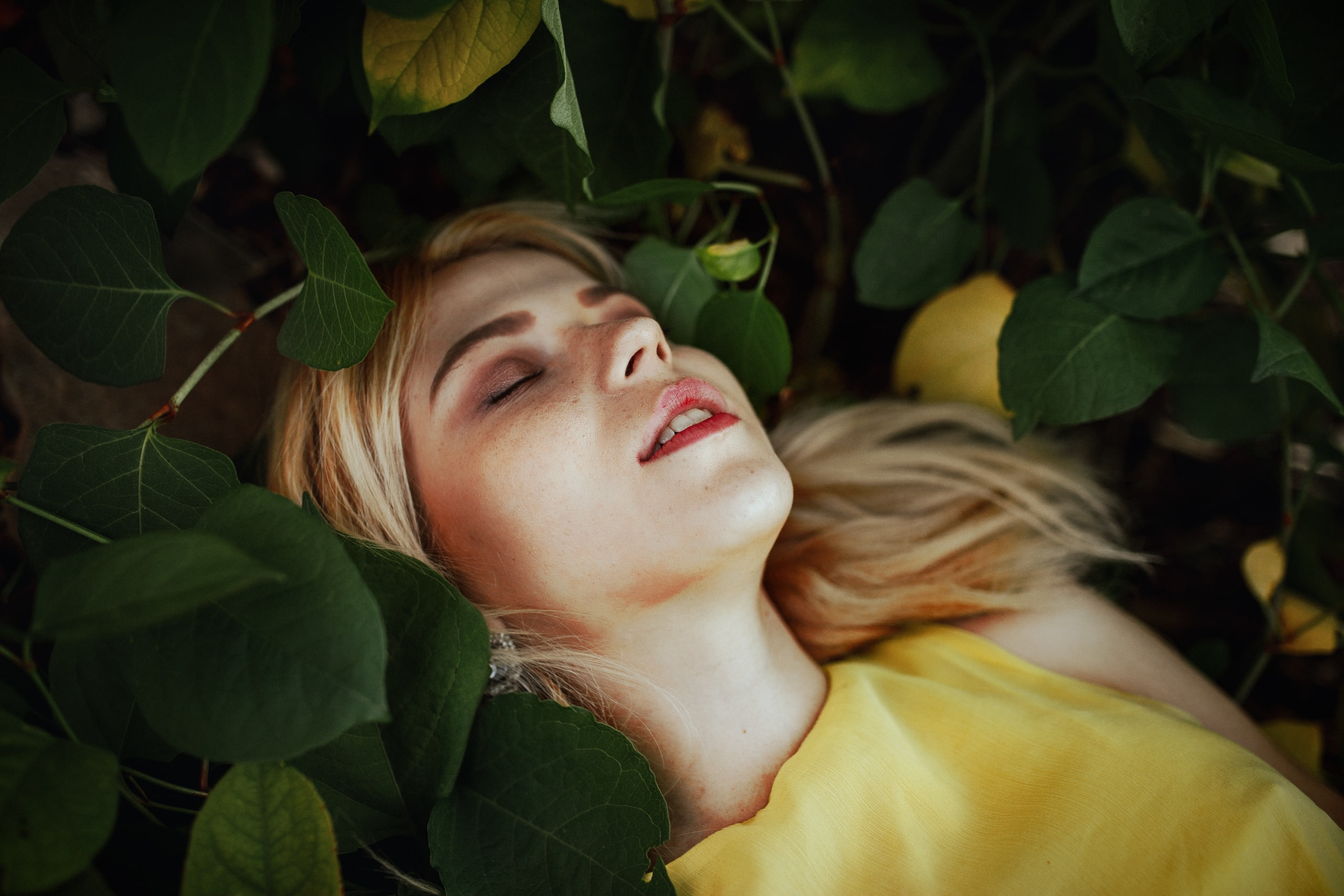 closed eyes, model, beautiful woman, plant part, green color, nature, bokeh, young adult, lying on back, women outdoors, portrait, plant, women, 2K, adult, HD Wallpaper