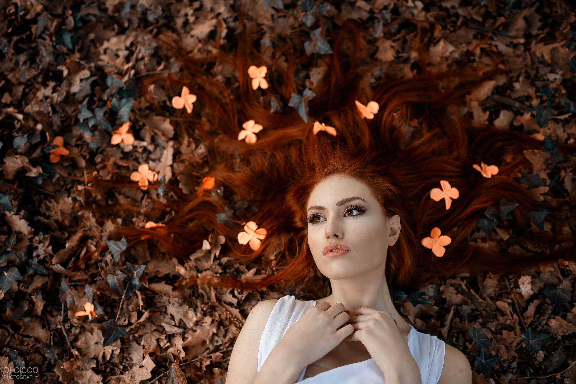 1080P, top view, lying on back, brown eyes, white clothing, fall, juicy lips, leaves, Alessandro Di Cicco, redhead, Valentina Galassi, looking away, women, HD Wallpaper