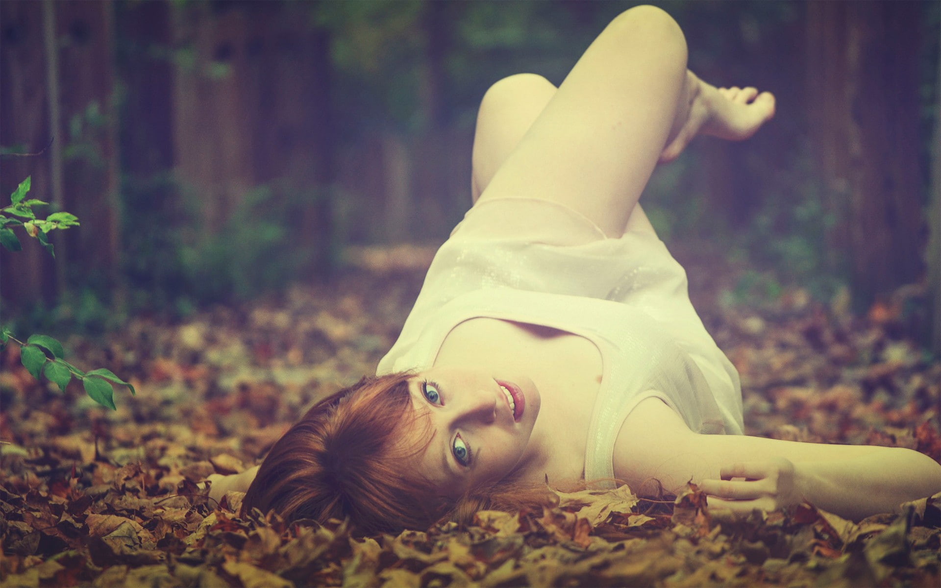 women, redhead, dress, fall, blue eyes, nature, leaves, white dress, lying down, forest, depth of field, barefoot, women outdoors, 1080P, legs up, HD Wallpaper