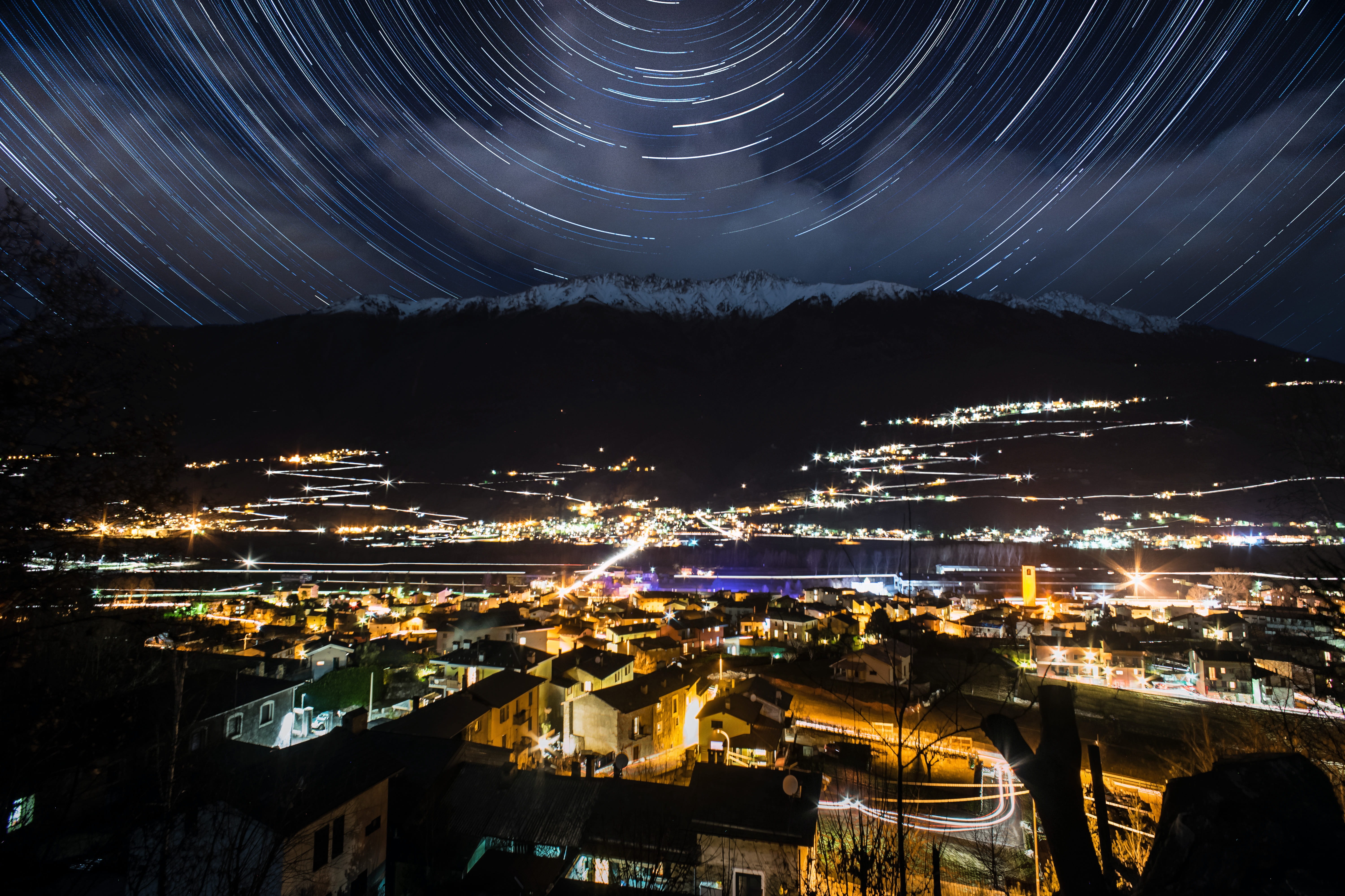 building, valtellina, stars, illuminated, outdoors, bright traces, building exterior, residential district, paths, long exposure, motion, sky, cityscape, HD Wallpaper