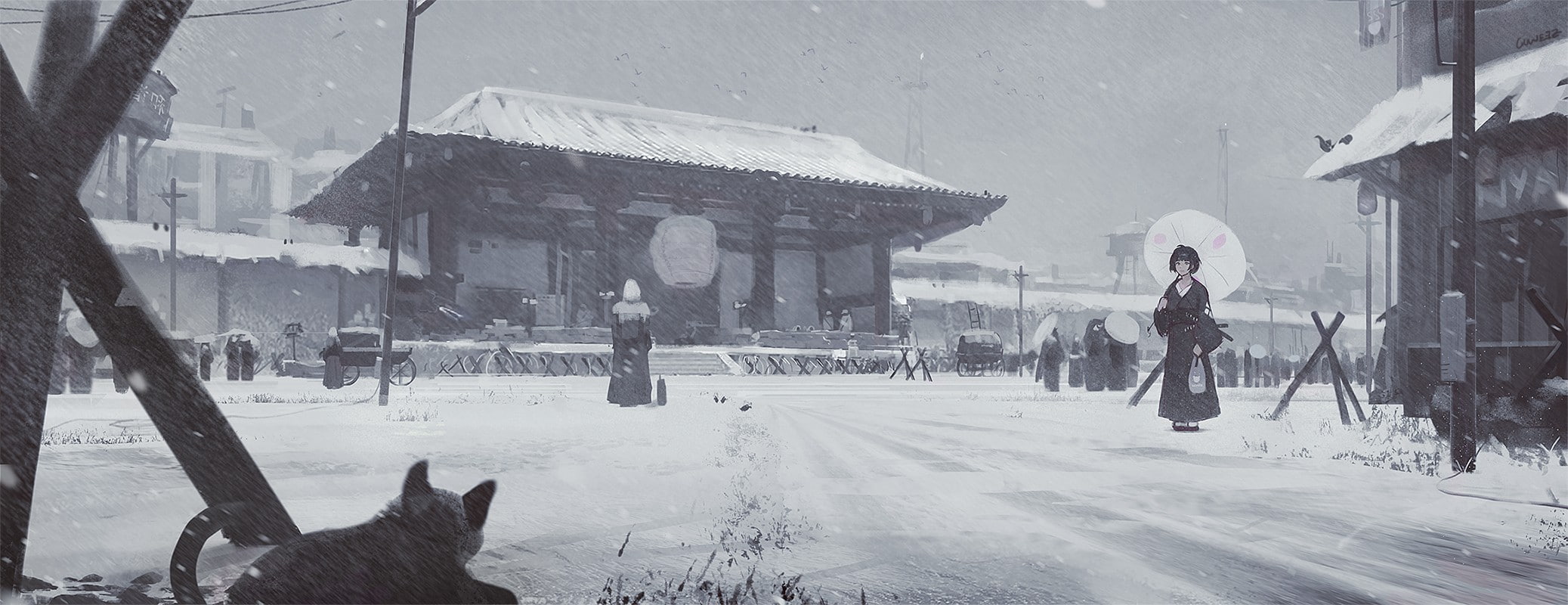 anime girls, 1080P, parasol, snow, train station, anime, kimono, HD Wallpaper