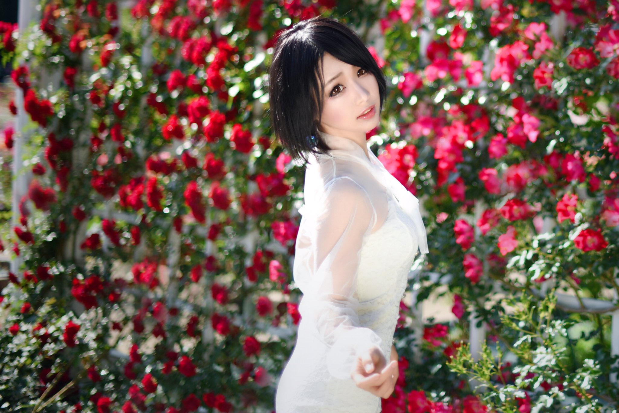 Japanese, hairstyle, rose, young adult, looking at camera, one person, side view, standing, leisure activity, outdoors, three quarter length, flowers, Asian, HD Wallpaper