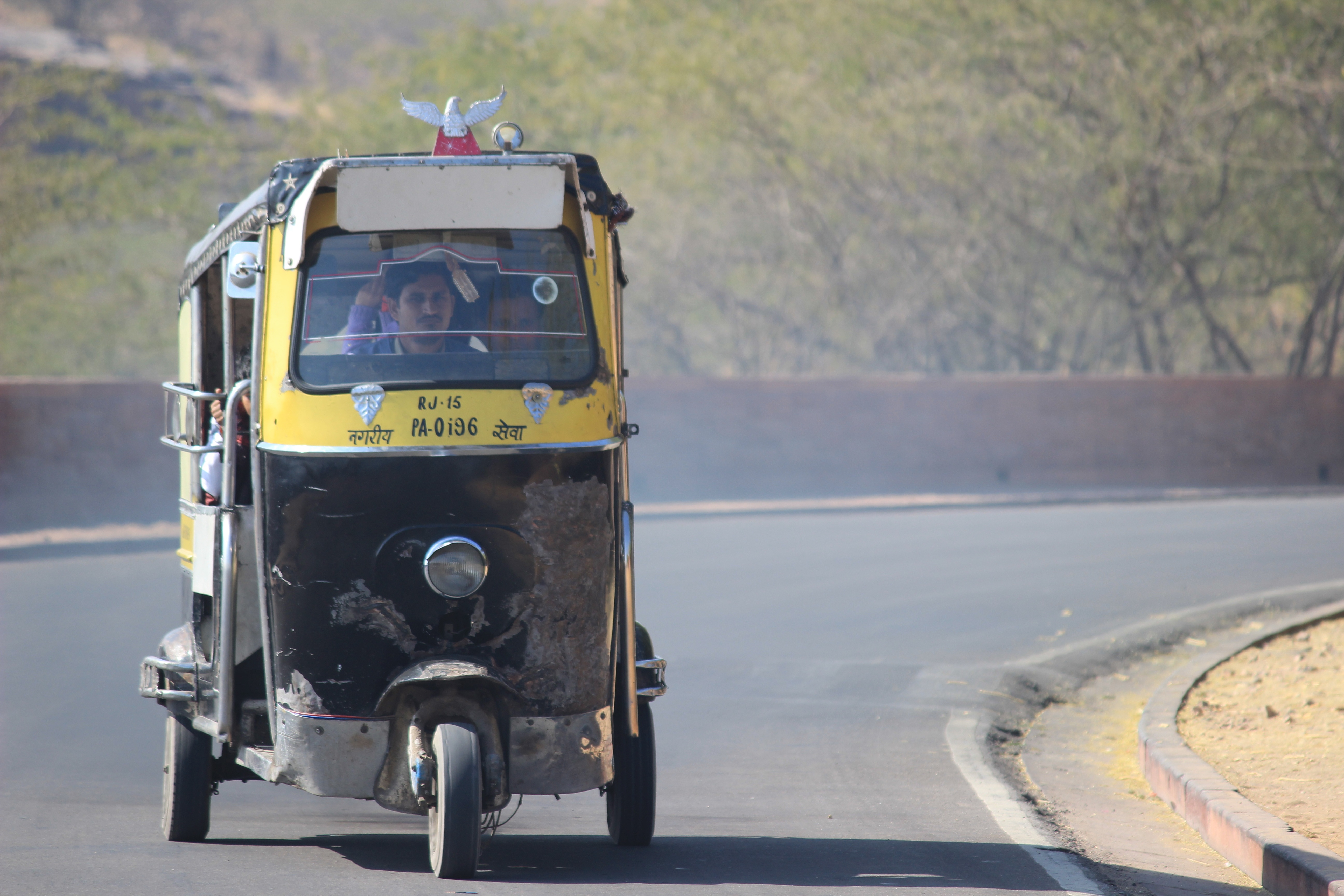 tuktuk, trees, land Vehicle, land, street, sunlight, day, 5K, outdoors, close-up, auto, transportation, driving, no people, yellow, tree, tourist, truck, HD Wallpaper