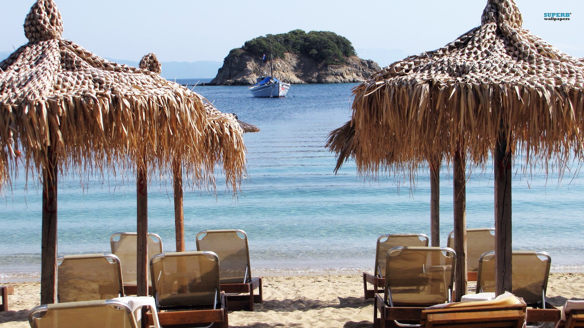 chairs, ocean, tropical, brown, beach, hut, nature, nippa, 1080P, hd, HD Wallpaper