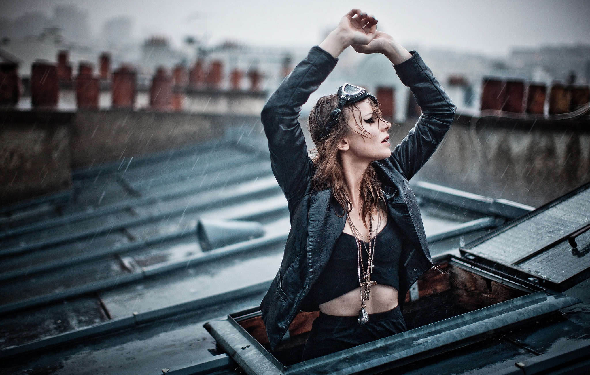1080P, Magdalena Korpas, mood, the situation, rain, decoration, roof, window, girl, HD Wallpaper