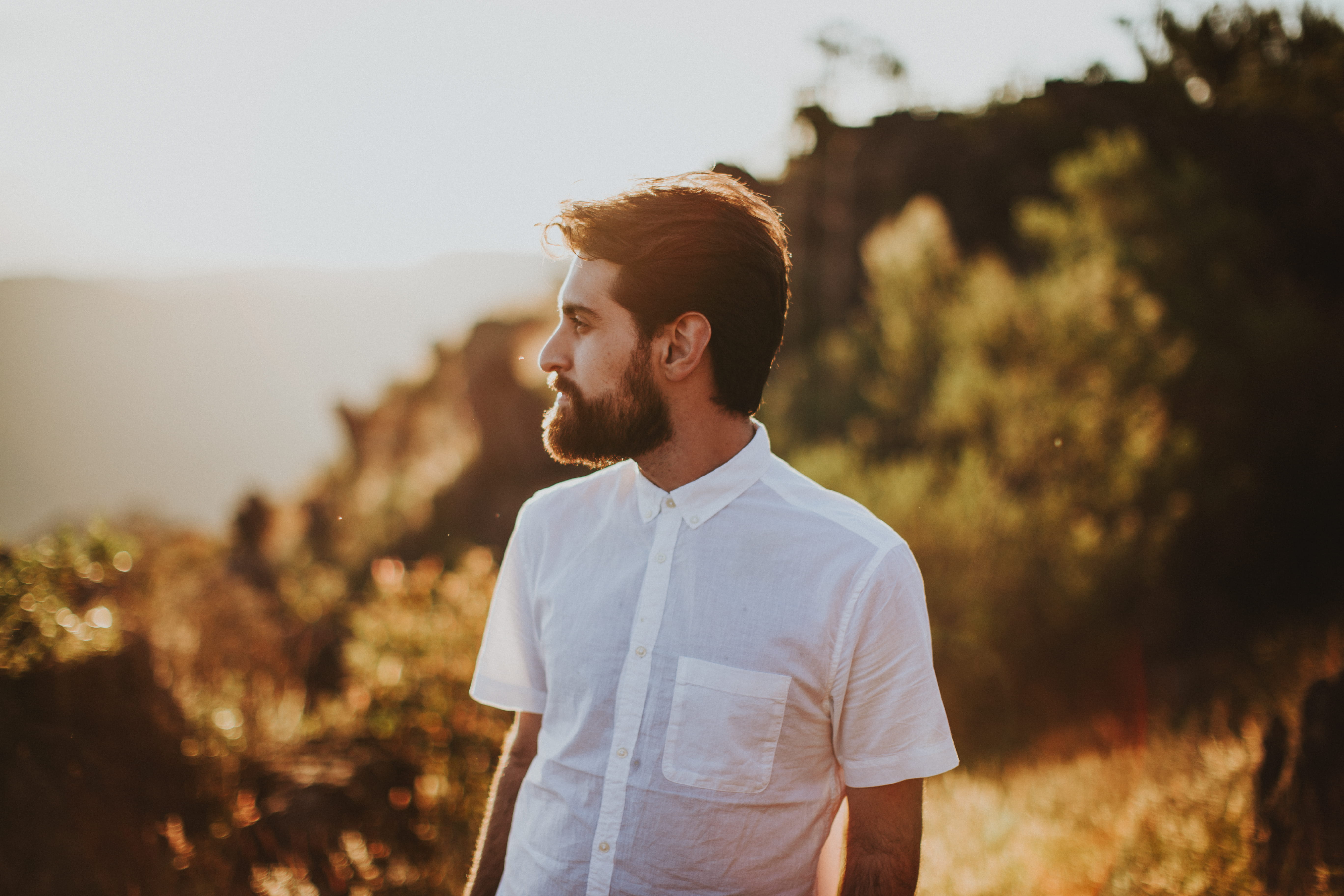 looking away, outdoors, dating, standing, sleeve, sports, sky, trees, nature, facial hair, white, shirt, surround, casual clothing, t-shirt, people, waist up, HD Wallpaper