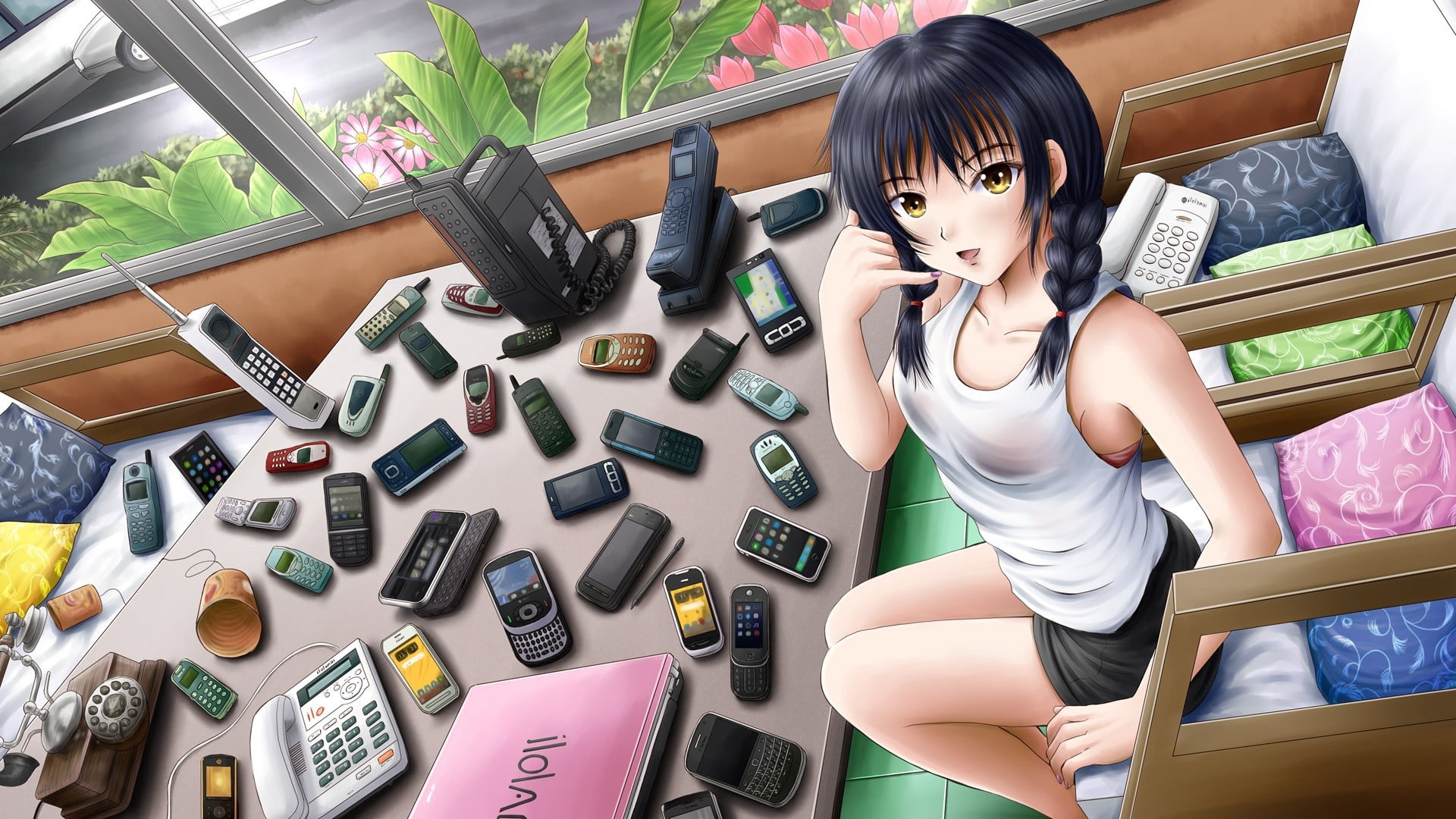 young Adult, high angle view, asian Ethnicity, mobile phones, one Person, women, young women, 1080P, haired, anime, girl, bangs, adult, large group of objects, HD Wallpaper