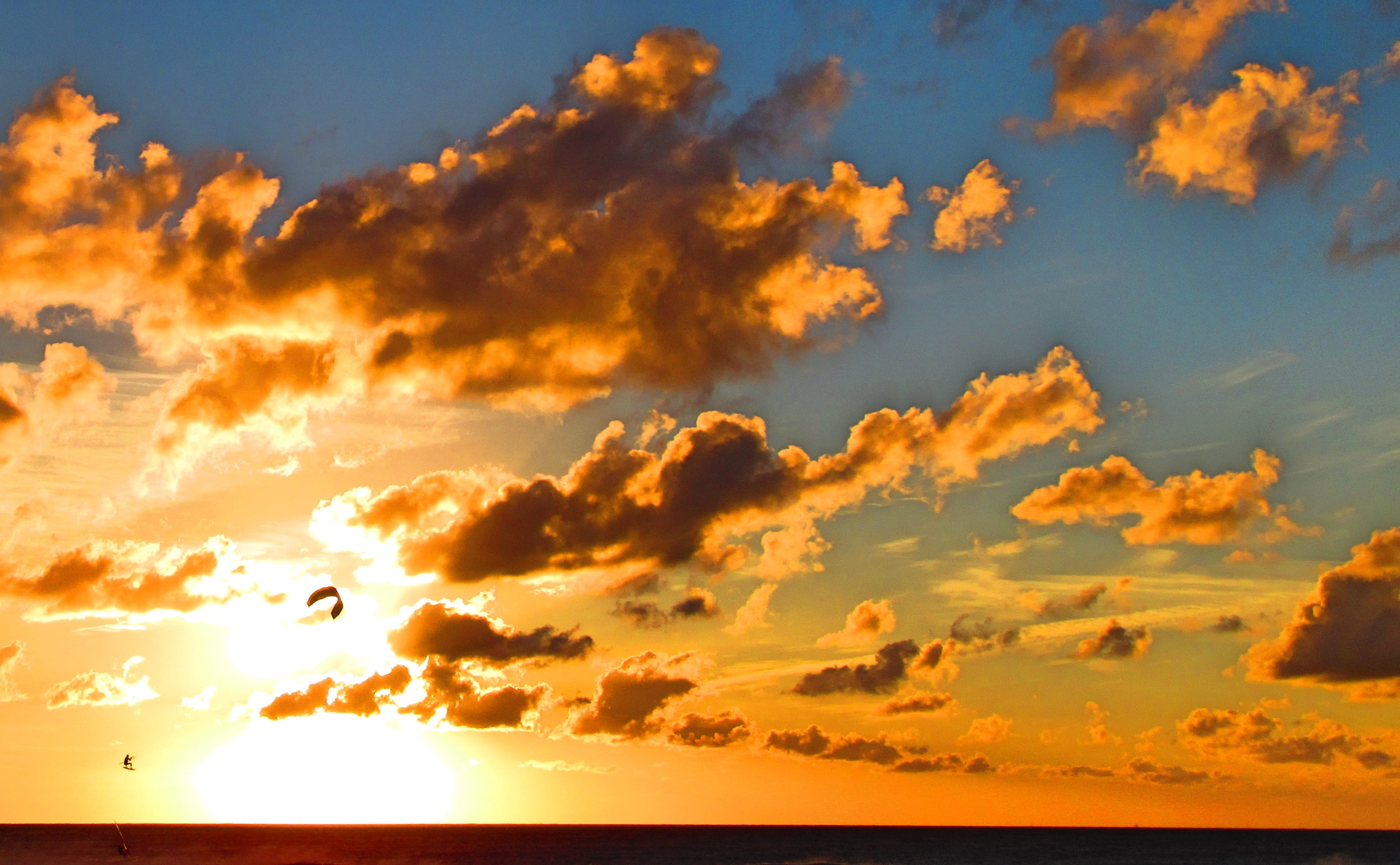spain, horizon, sky, clouds, 2K, tranquility, kitesurf, scenics - nature, beauty in nature, sun, bright, outdoors, tarifa, cloudscape, sea, orange color, HD Wallpaper