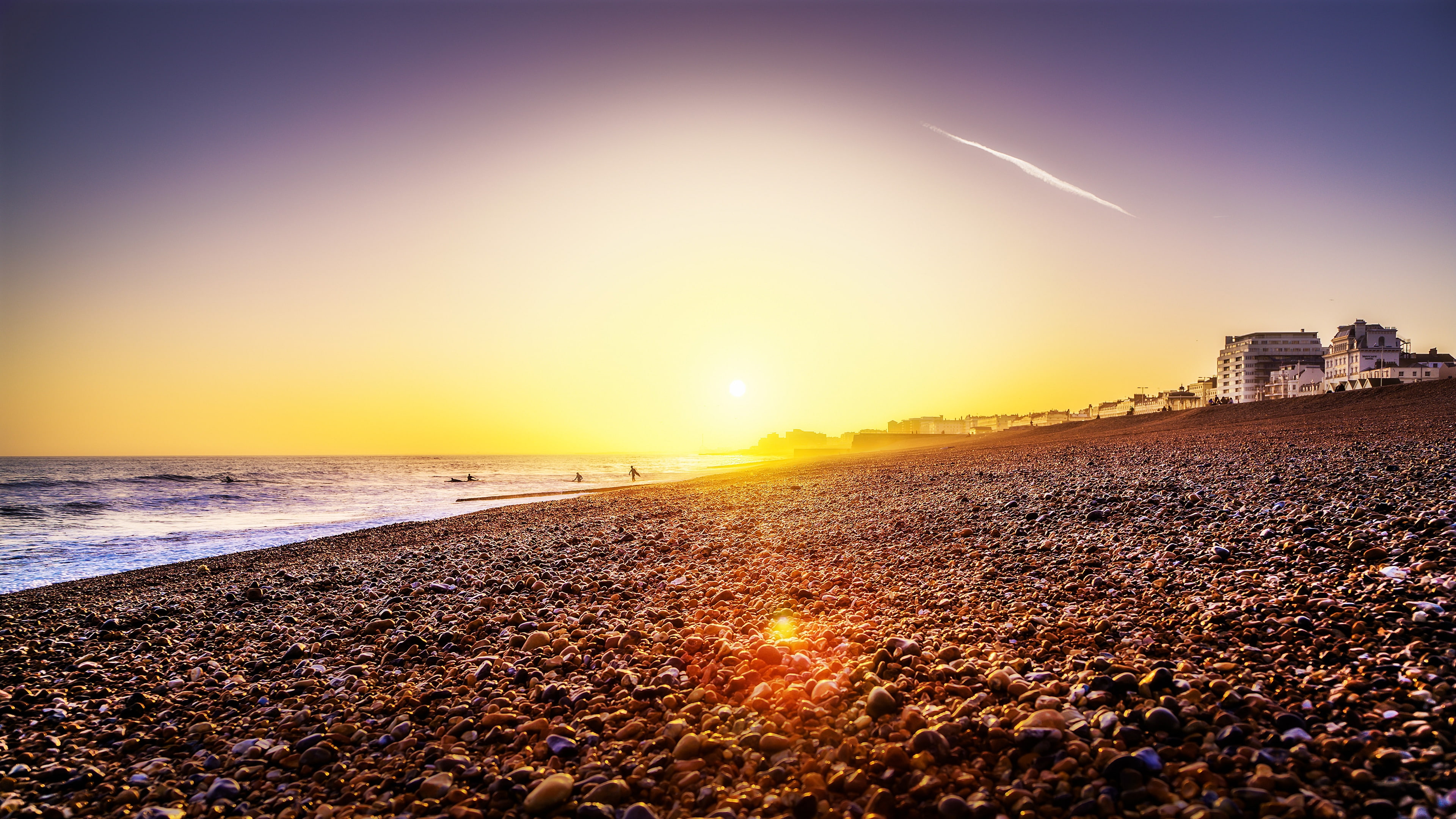 sunset, beach, sea, rocks, ocean, brighton, stones, 4K, water, HD Wallpaper
