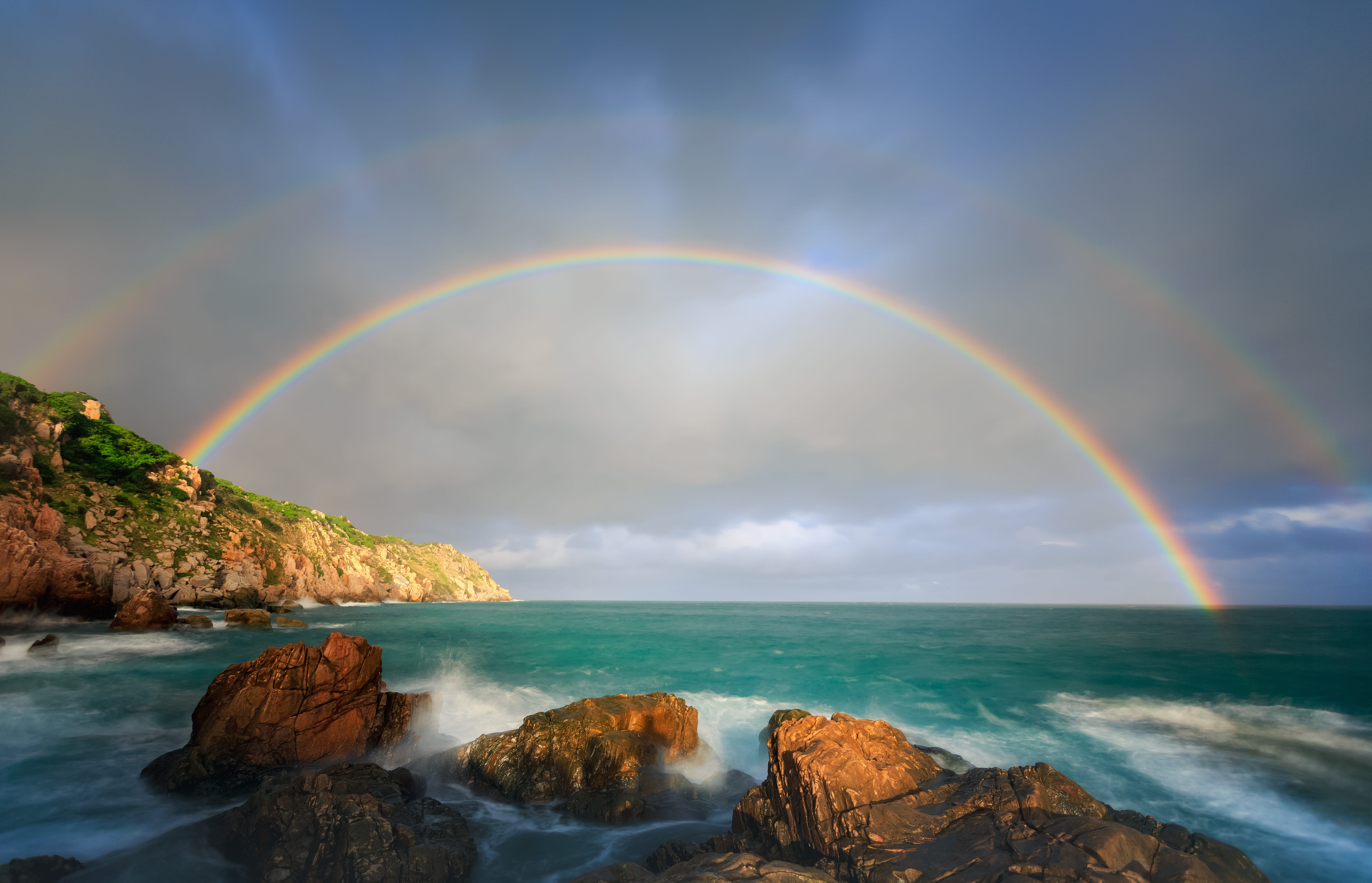 binh thuan vietnam, outdoors, beauty in nature, cliff, scenery, rock, double rainbow, sea, scenics - nature, multi colored, rock - object, idyllic, land, HD Wallpaper