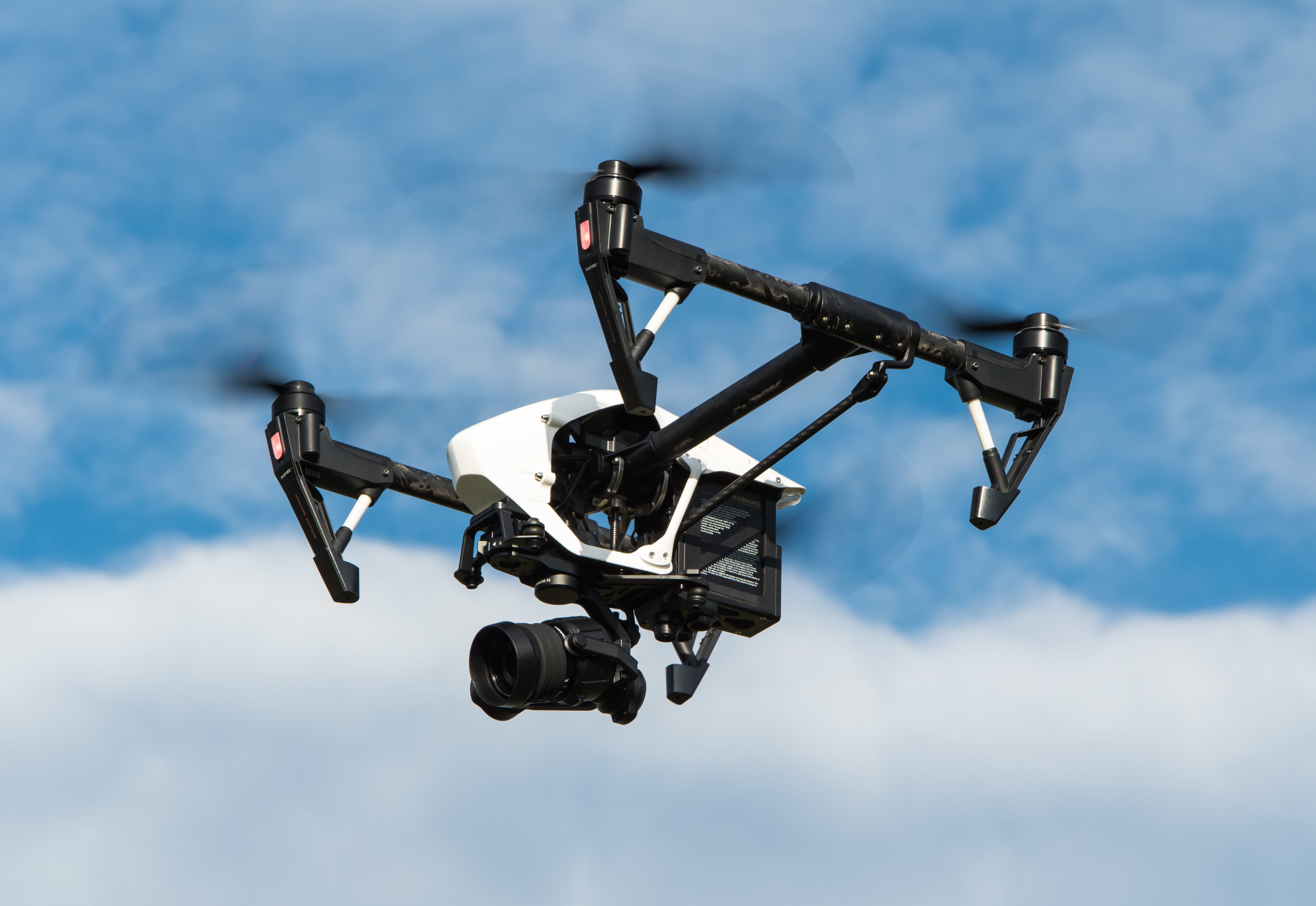 sky, nature, no people, flying, white, security, quadcopter, motion, mid-air, inspire, 4K, drone, gimbal, machinery, cloud - sky, multicopter, day, outdoors, HD Wallpaper
