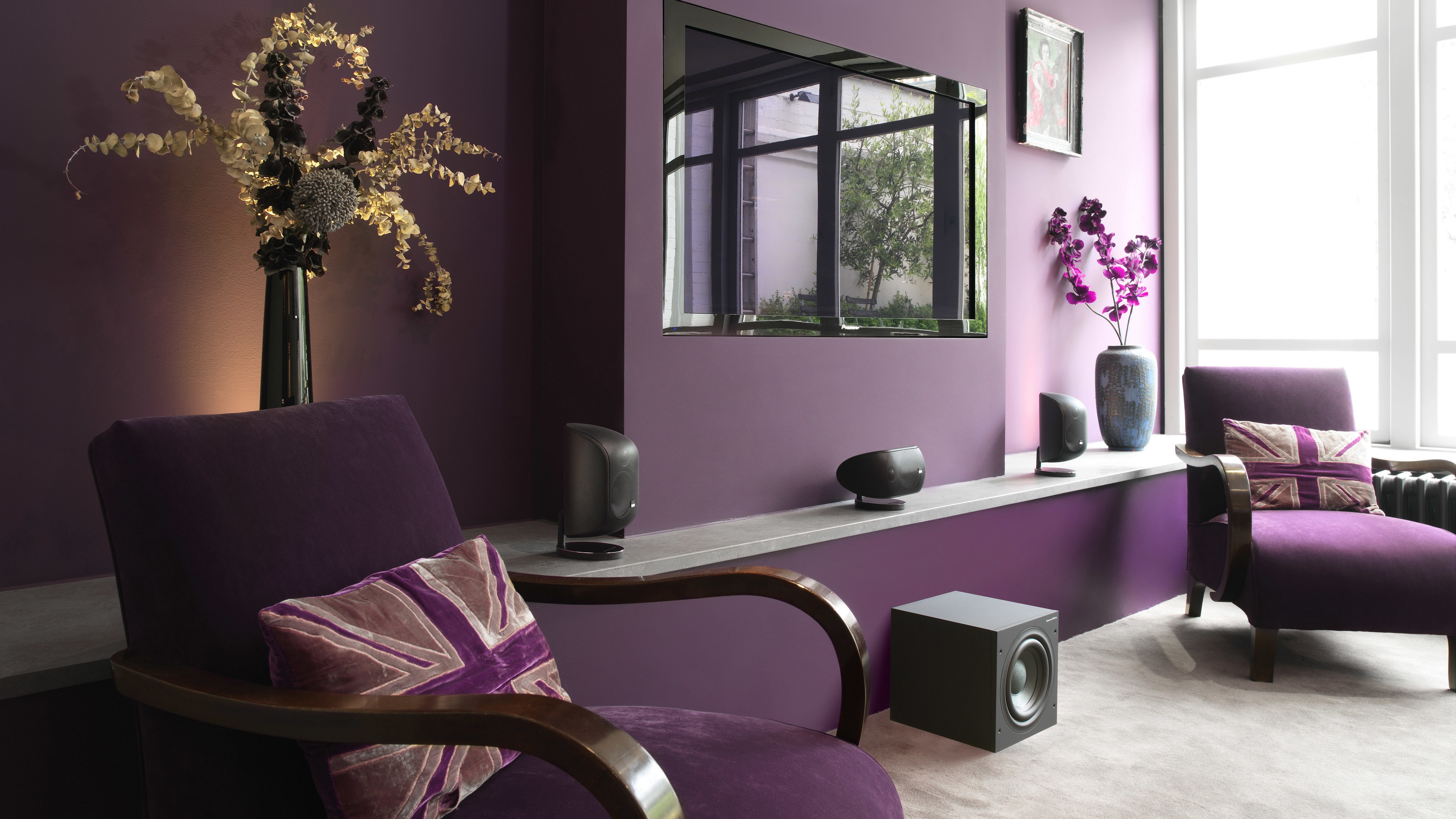 purple, transparent, absence, home theater living room picture, flowering plant, window, indoors, glass - material, 8K, furniture, domestic room, table, HD Wallpaper