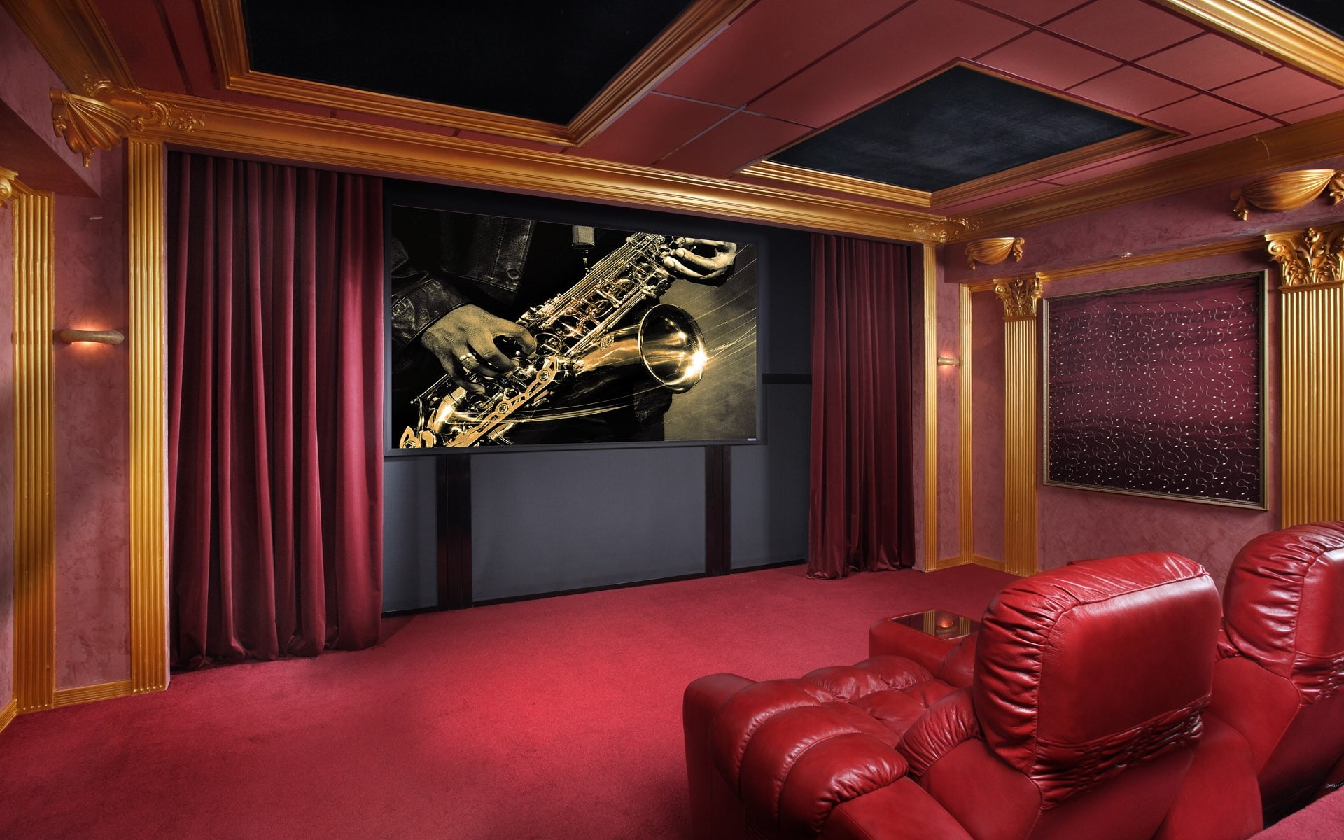 1080P, seat, ornate, home interior, performance, lighting equipment, music, Hall, living room, no people, red, movie theater, indoors, architecture, armchair, HD Wallpaper
