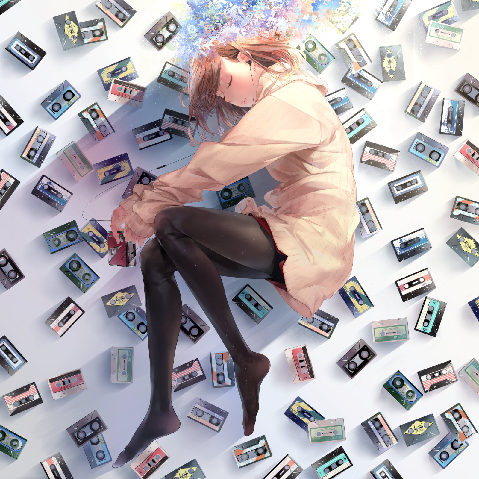 record players, sleep, anime girls, brunette, stockings, flowers, headsets, tape, lying on side, 720P, Phone HD Wallpaper
