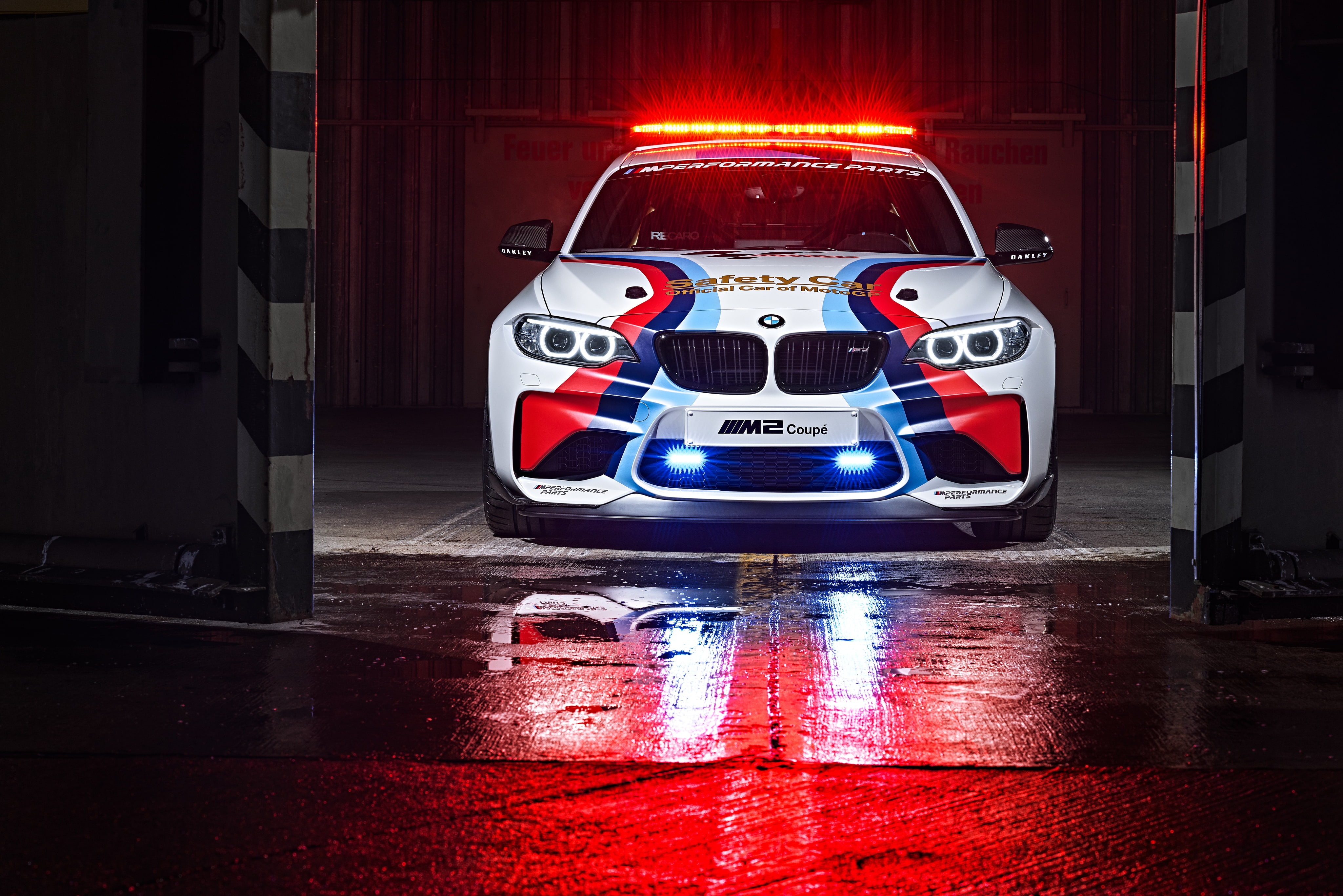 car, MotoGP Safety Car, 4K, teal, garage, white, BMW M2 Coupe, 4K, bmw, blue, red, HD Wallpaper