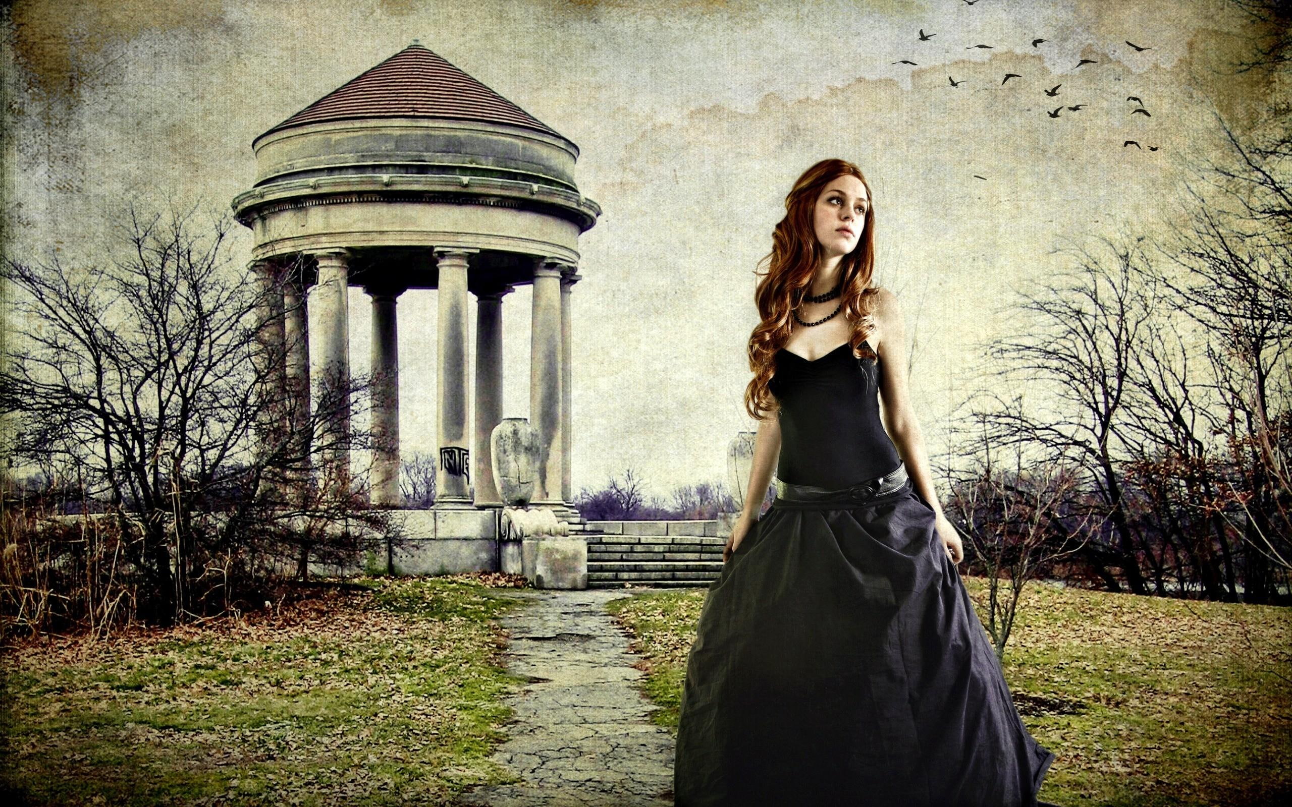 illustration, peacefully, dark, beauty, woman, black, female, 2K, dress, gothic, artistic, waiting, fantasy, 3d and abstract, HD Wallpaper
