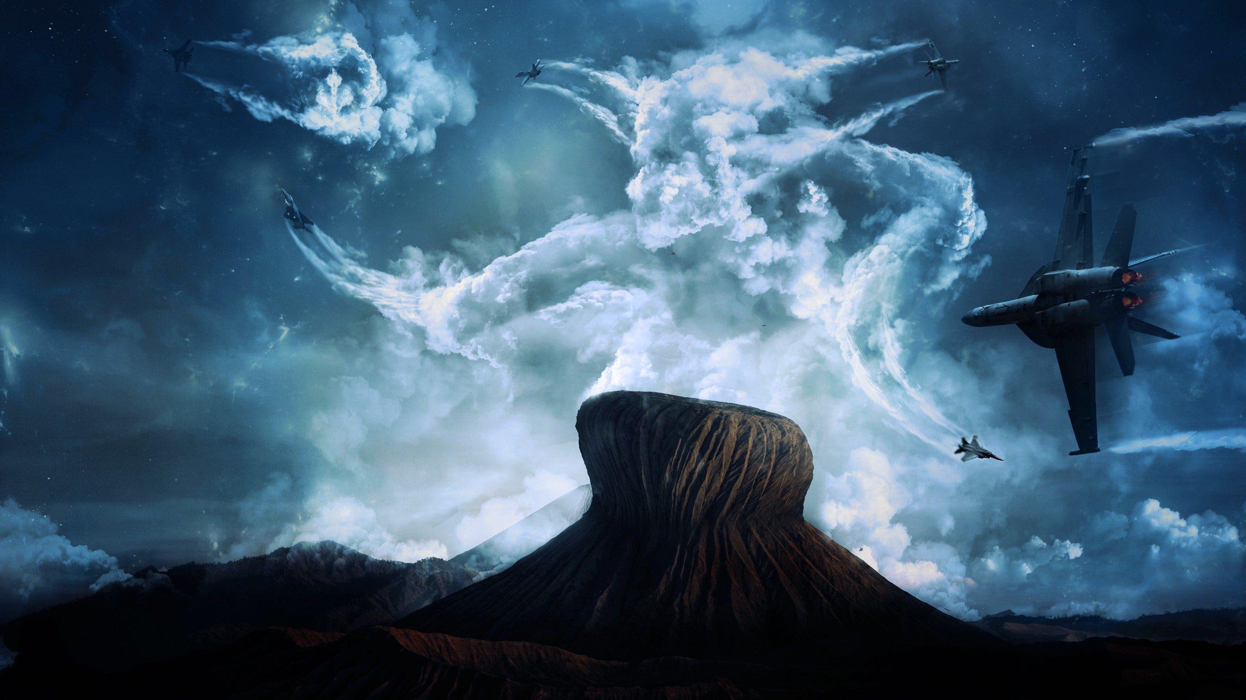woman, 3d and abstract, illustration, artistic, white, aircraft, beauty, clouds, 2K, mountain, blue, planes, HD Wallpaper