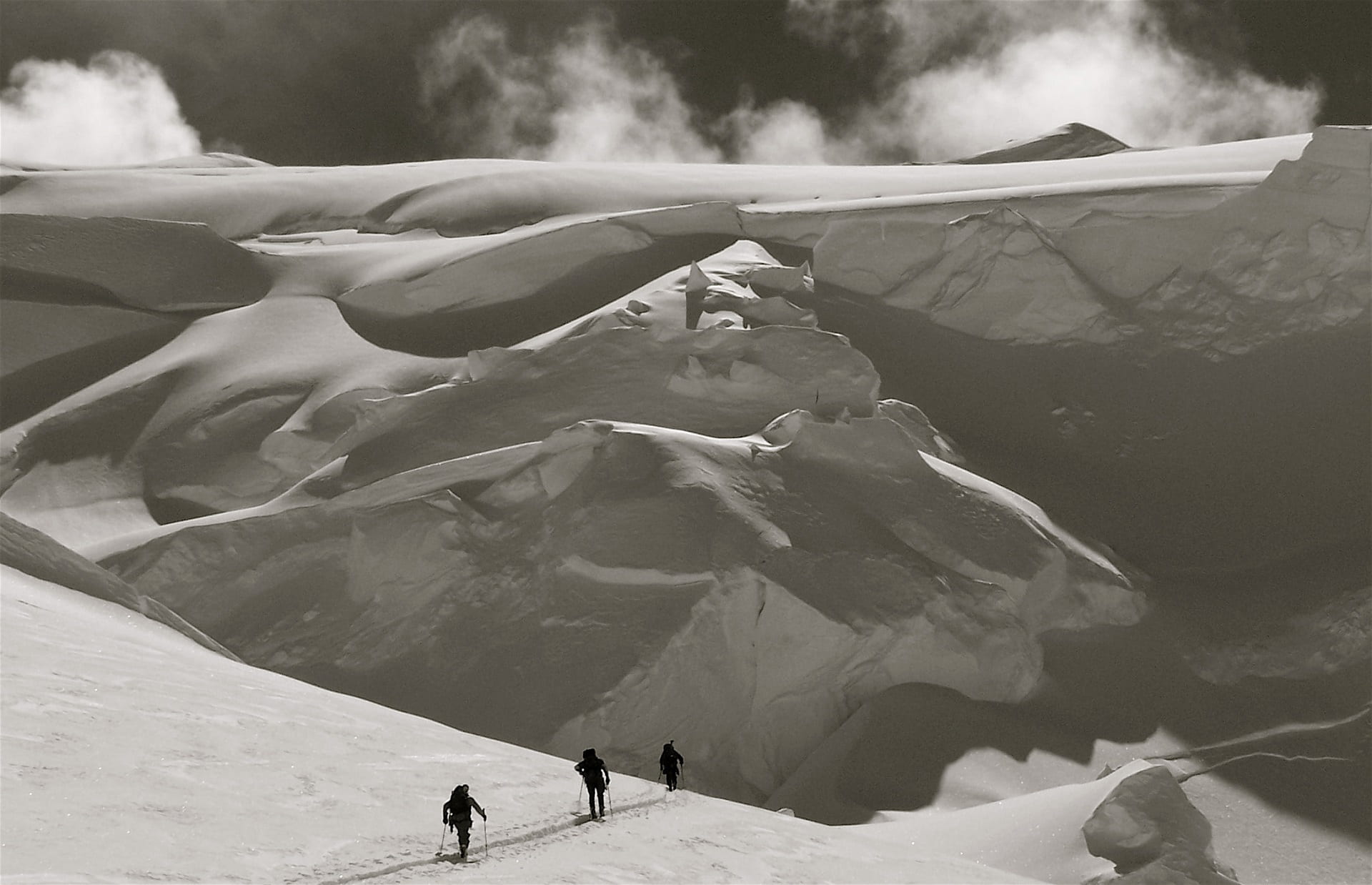 mountains, holding, black-and-white, beauty in nature, grayscale, landscape, challenge, cold, cold temperature, lake, usa, ice, stick, sport, environment, HD Wallpaper