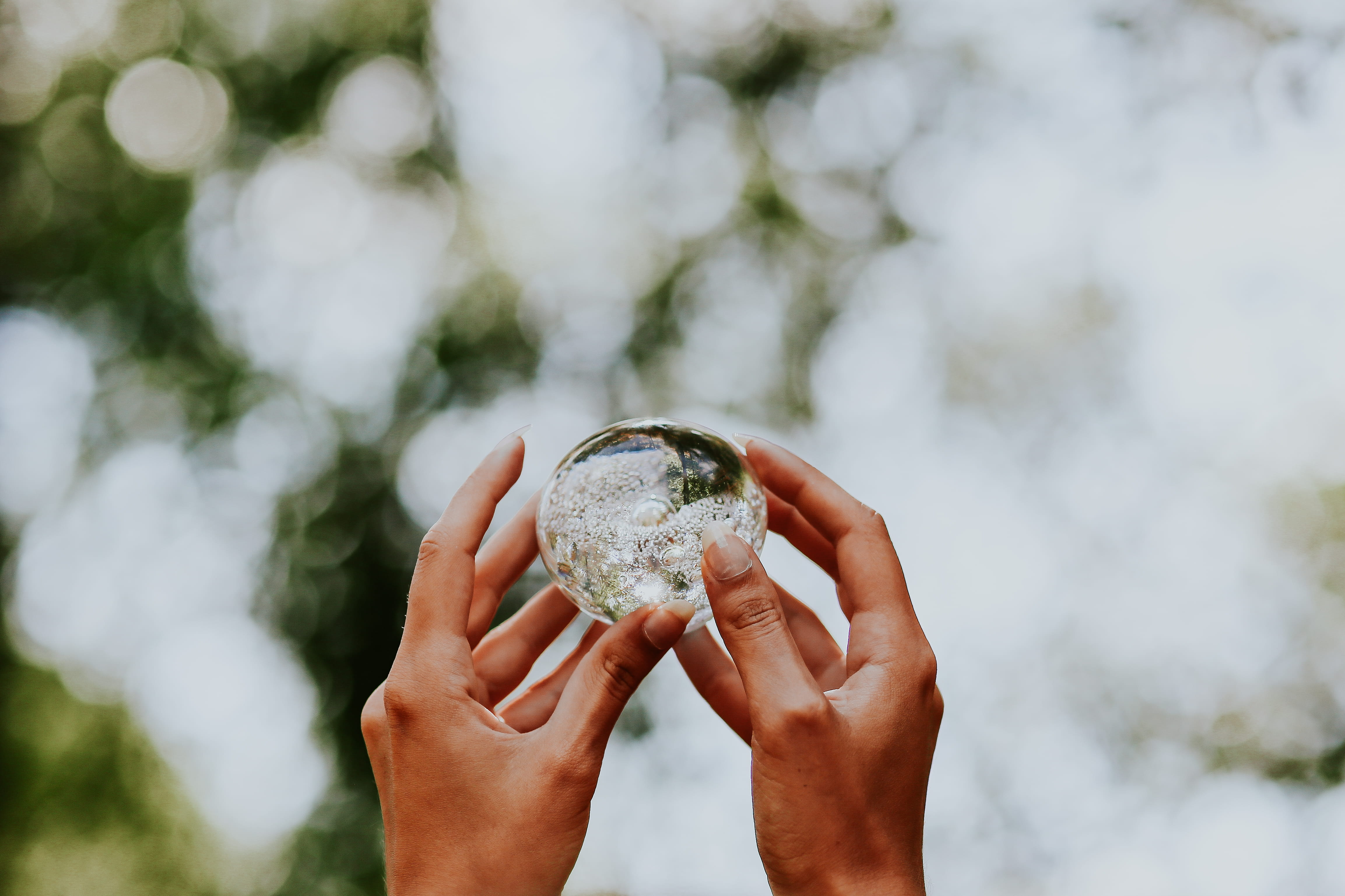 crystal ball, people, Woman, holding, tree, finger, environment, men, hand, little crystal, little, women, outdoors, close-up, femine, hands, human Hand, HD Wallpaper