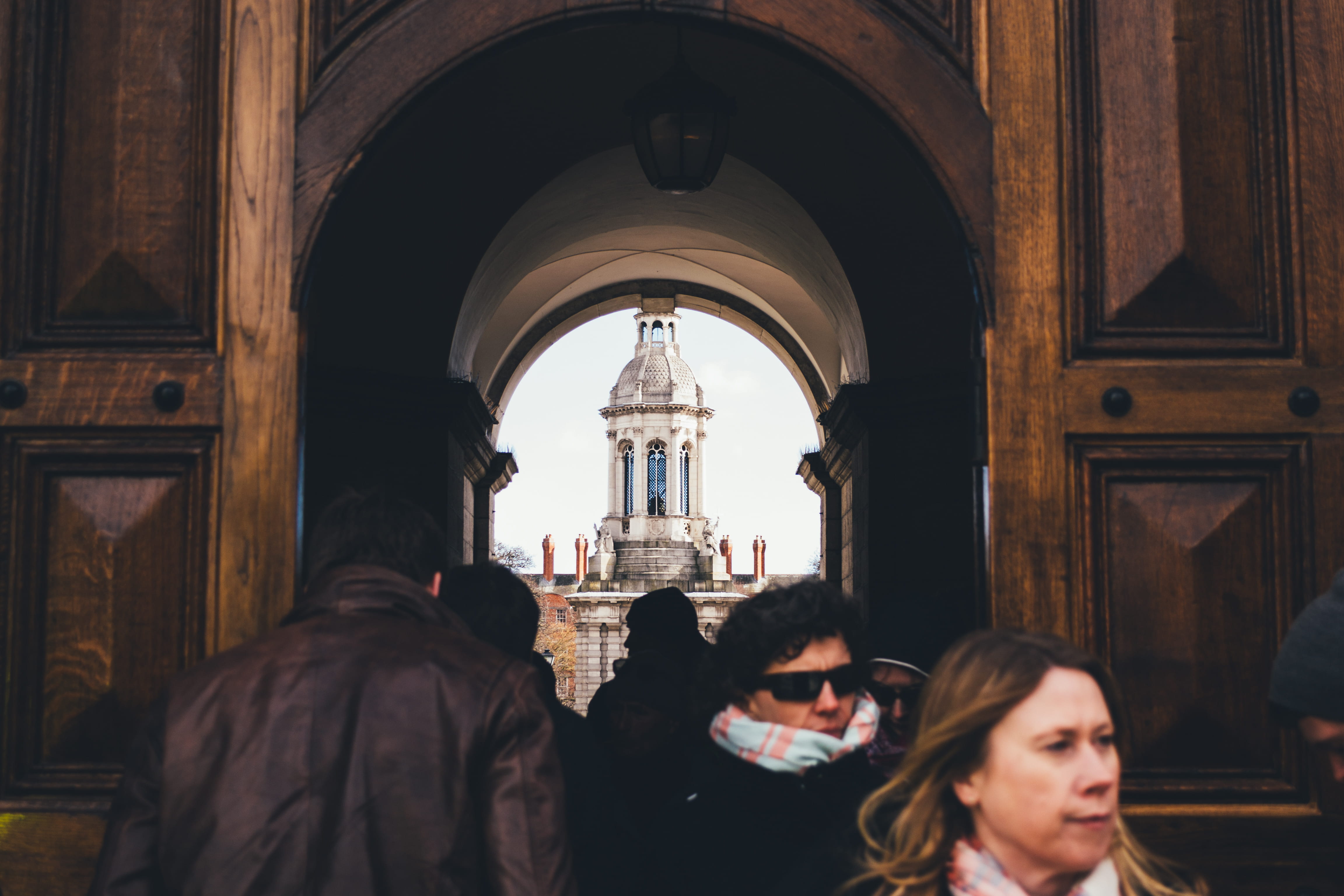 built structure, arch, religion, real people, togetherness, adult, trinity college, rear view, building exterior, couple - relationship, group of people, HD Wallpaper