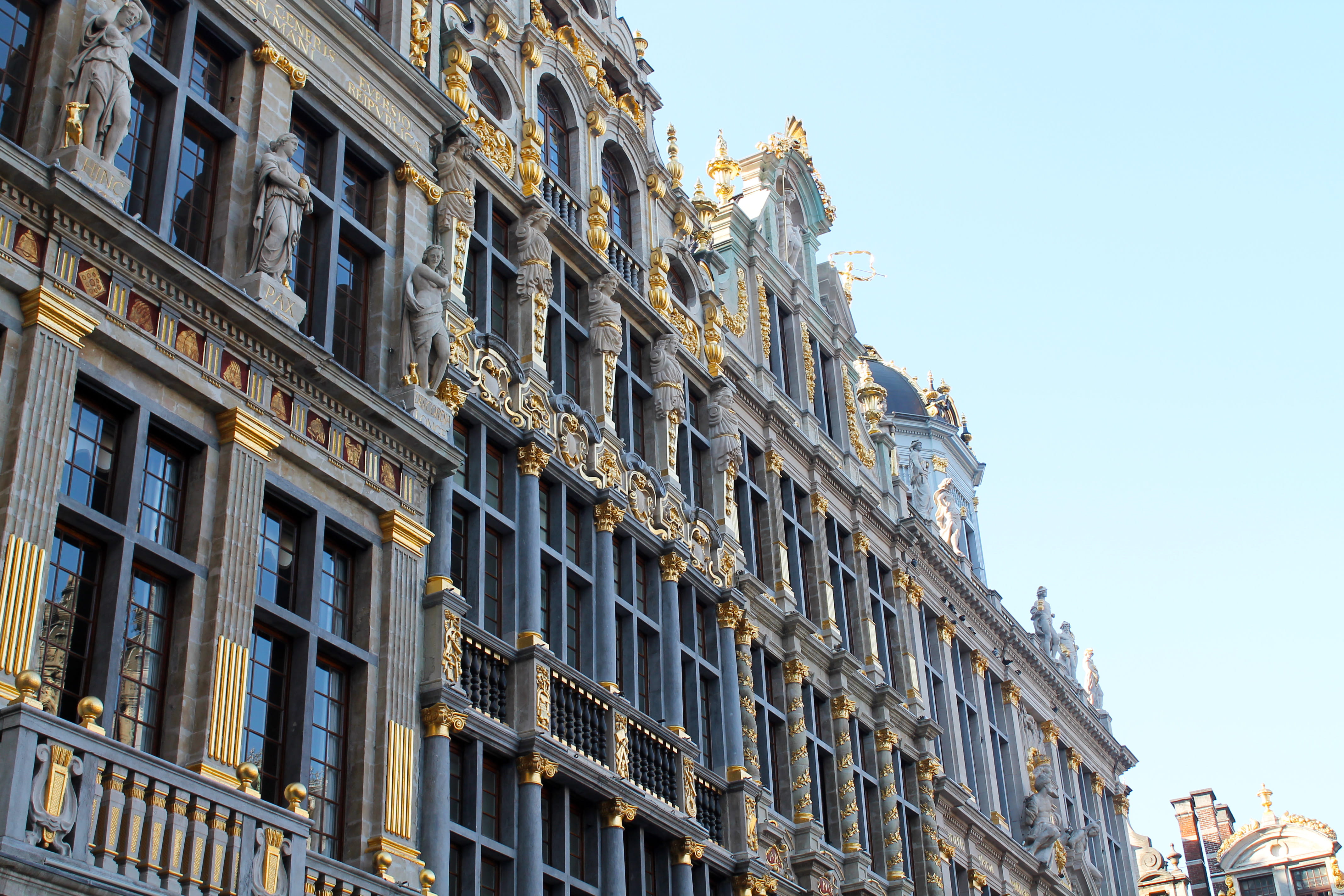 outdoors, building exterior, brussels, clear sky, day, sky, pattern, architecture, wanderlust, travel, grand place, light, copy space, town square, belgique, HD Wallpaper
