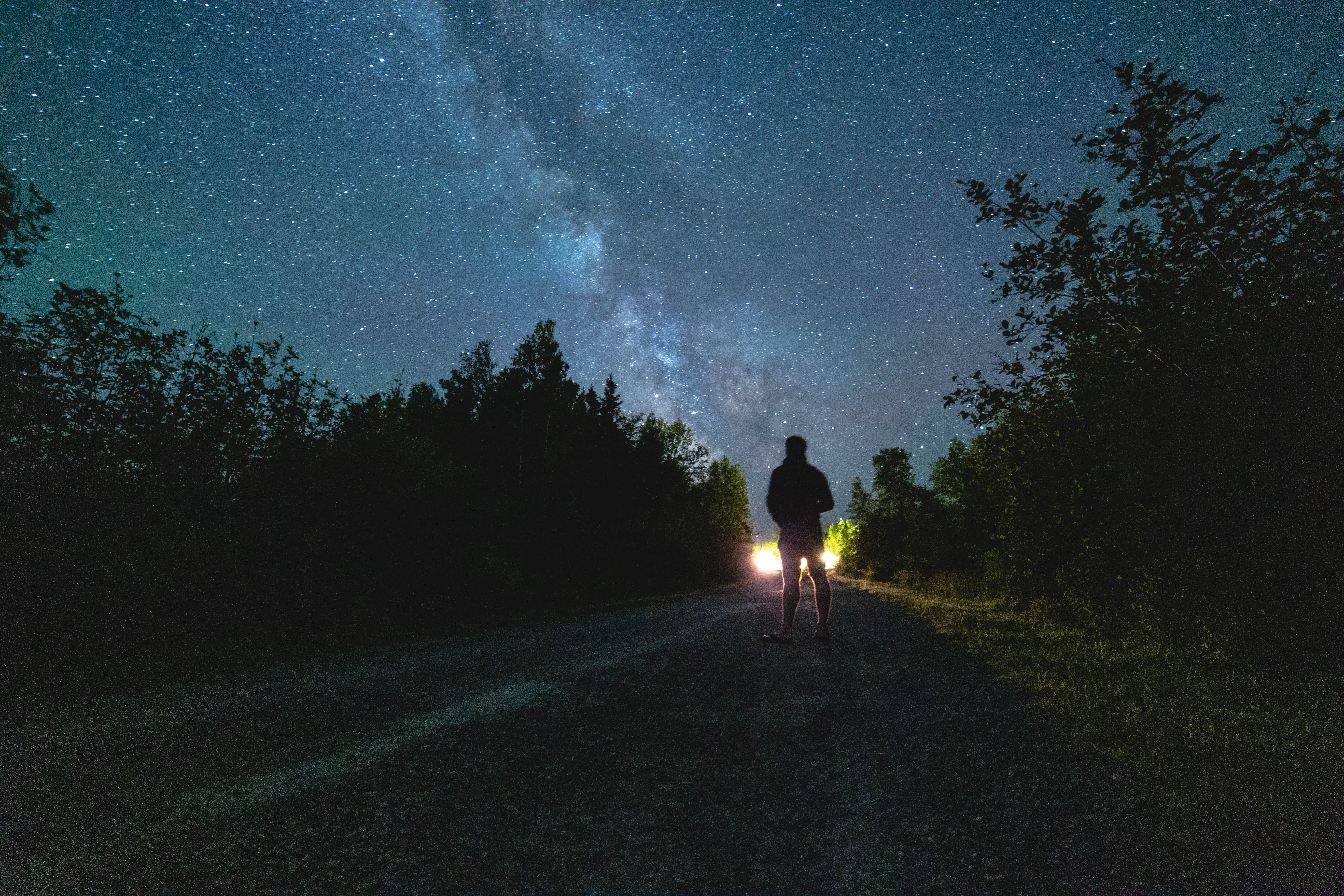 bicycle, night, silhouette, vehicle, person, star, the way forward, plant, outdoors, light, galaxy, space and astronomy, scenics - nature, flare, universe, HD Wallpaper