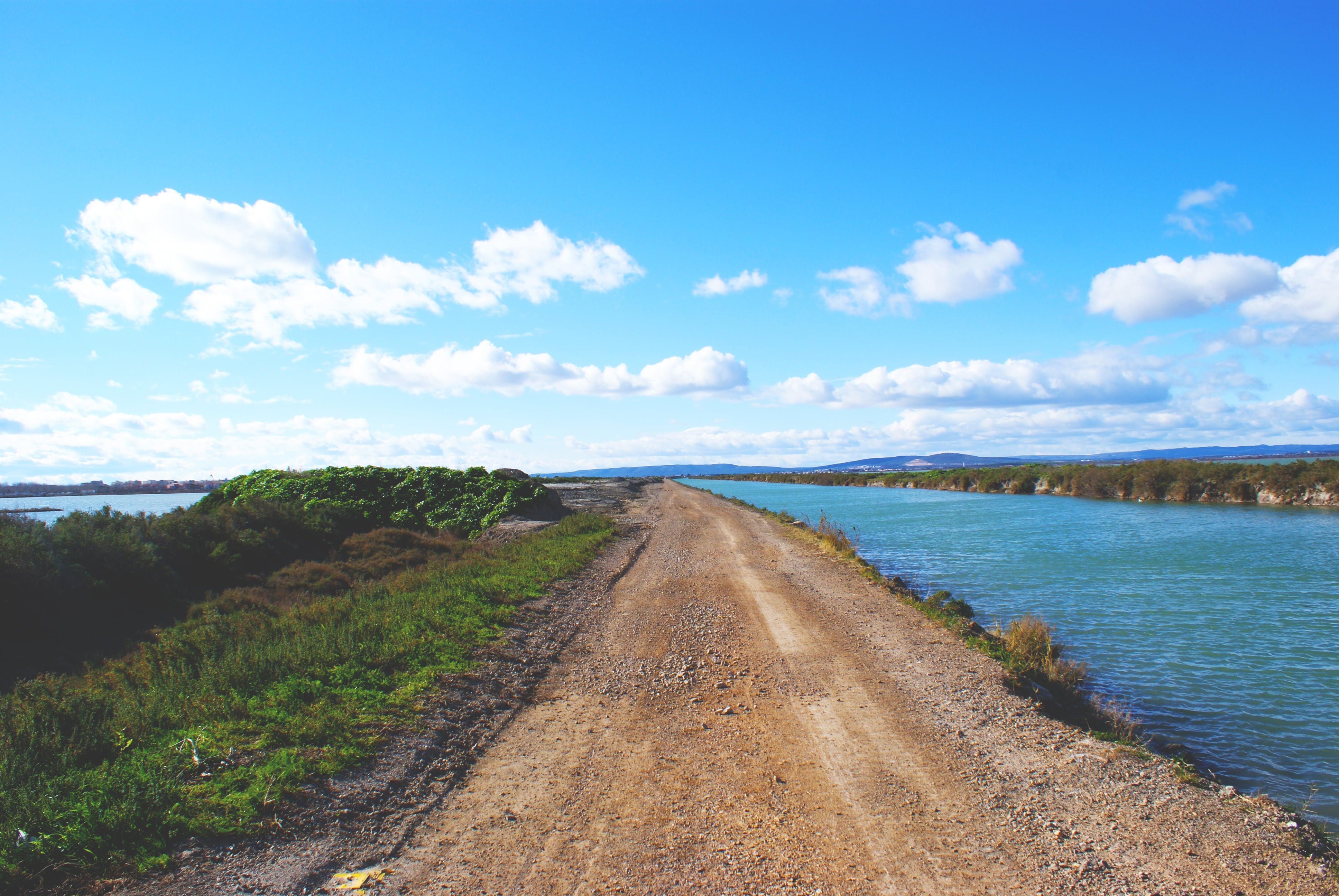 transportation, direction, outdoors, dirt, the way forward, day, non-urban scene, sky, land, tranquil scene, path, rural, water, near, road, body, nature, HD Wallpaper