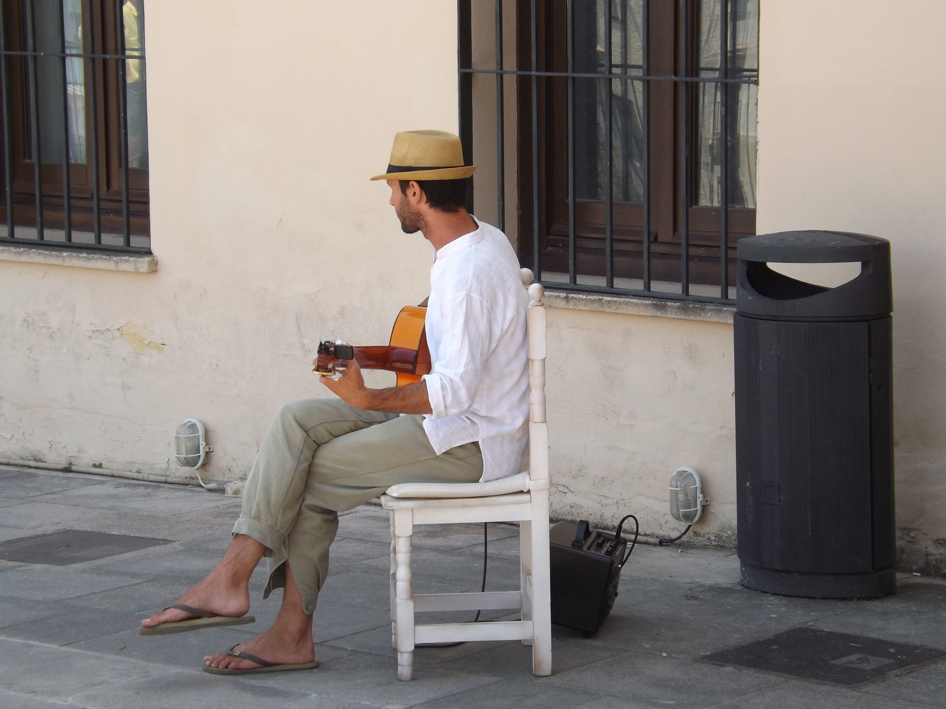 2K, seat, outdoor, architecture, casual clothing, hat, street, hand, clothing, man, sound, instrument, side view, leisure, men, built structure, real people, HD Wallpaper