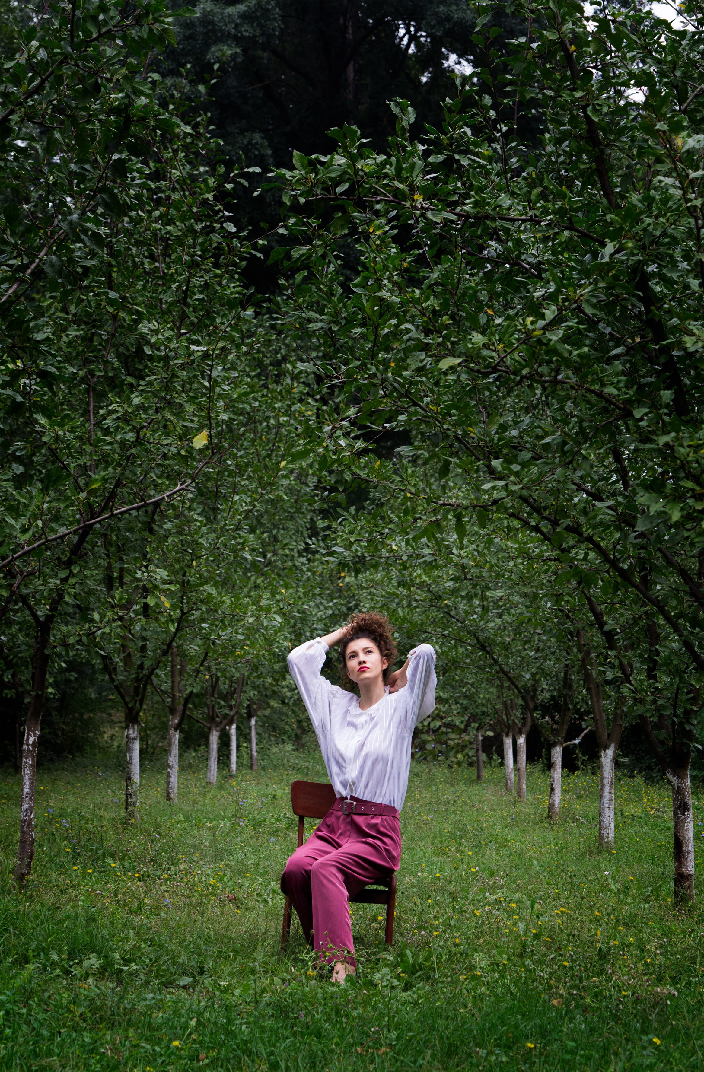 outdoors, daytime, one person, day, full length, orchard, casual clothing, front view, lifestyles, model, trees, spring, green color, brown, nature, green, Phone HD Wallpaper