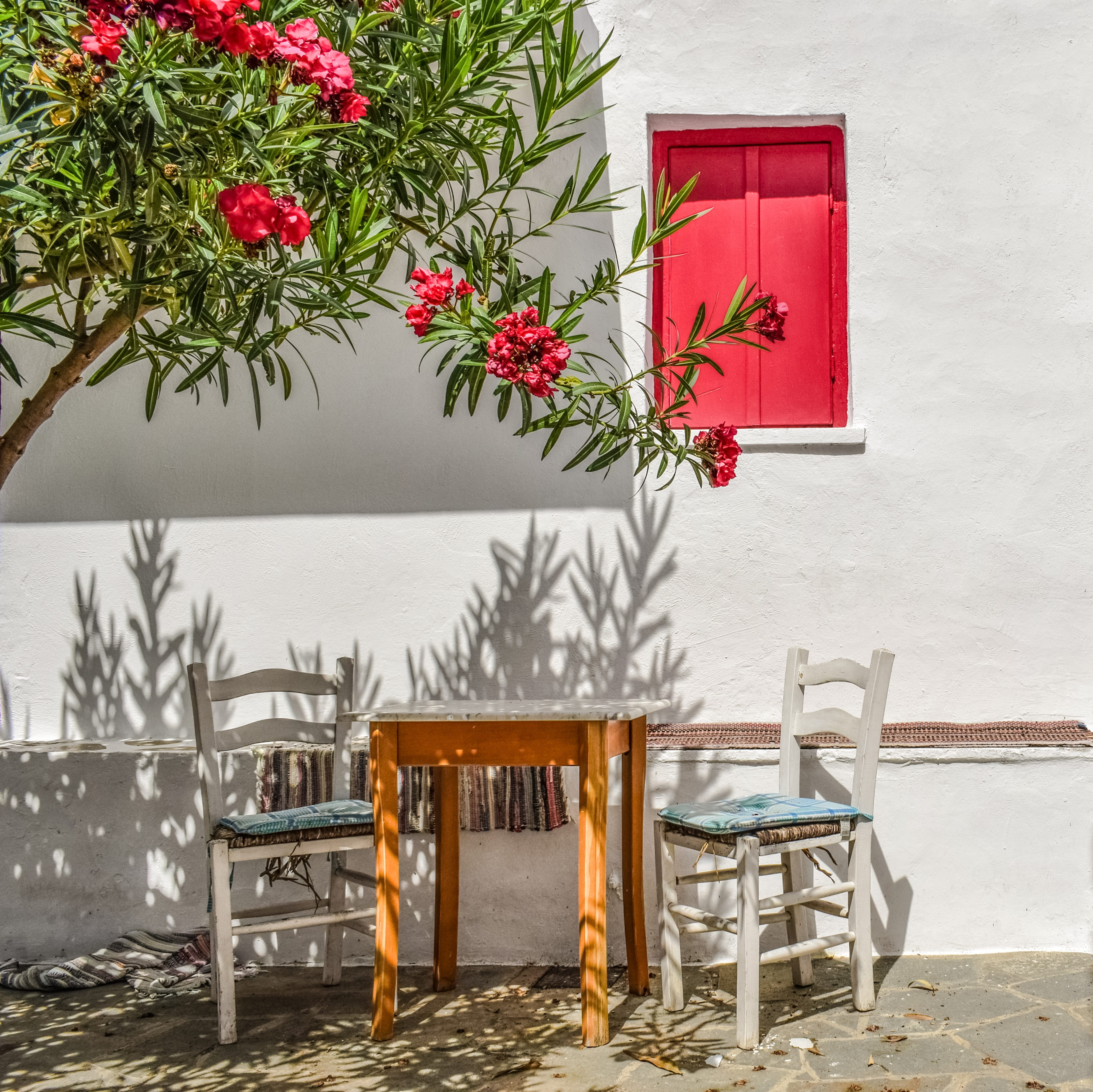 absence, potted plant, skopelos, chair, two, architecture, outdoors, building exterior, house, table, corner, chairs, set, day, brown, outdoor chair, wooden, HD Wallpaper
