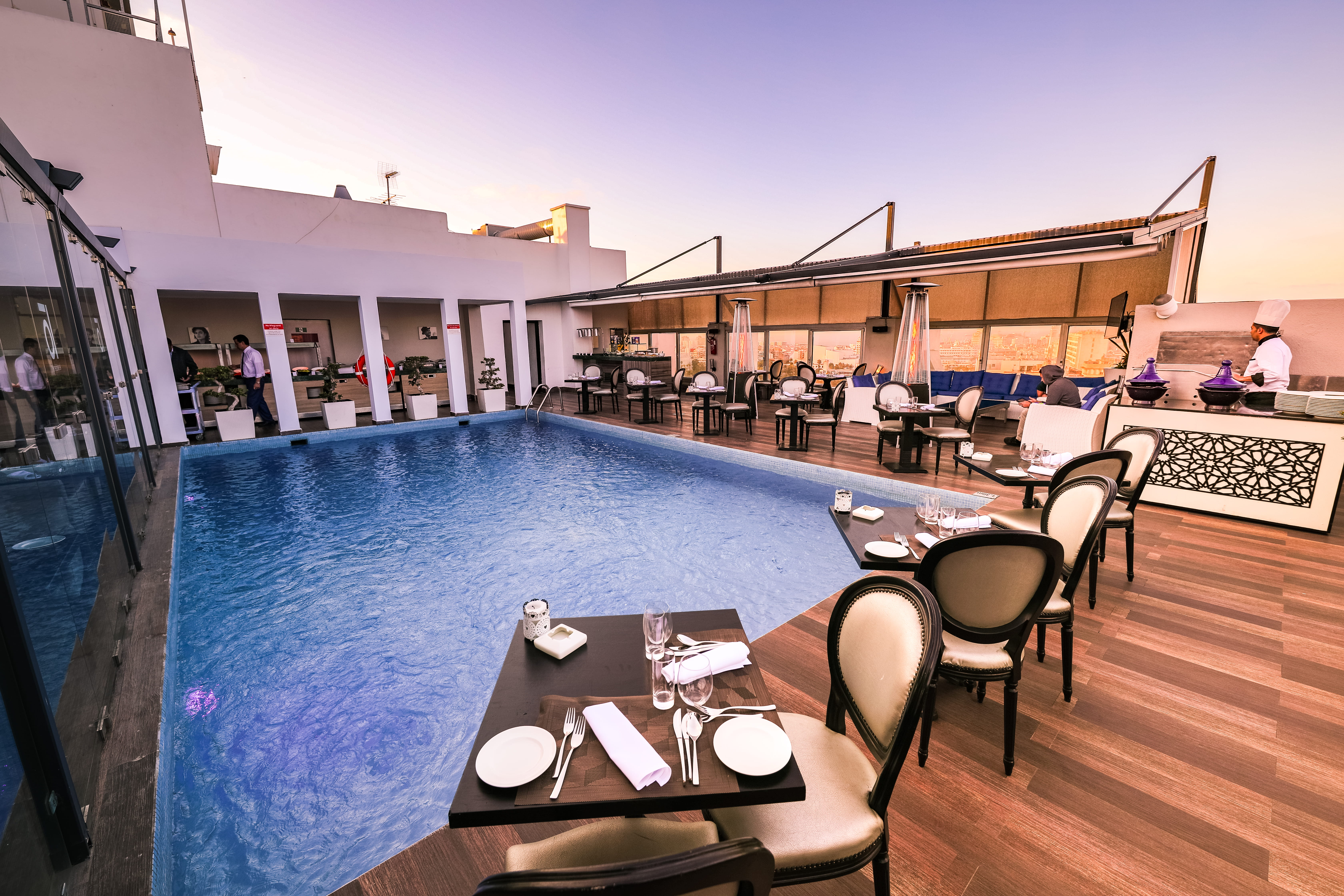 water, patio, food and drink, chairs, modern, swimming pool, nature, blue sky, chair, travel destinations, architecture, restaurant, luxury, building exterior, HD Wallpaper