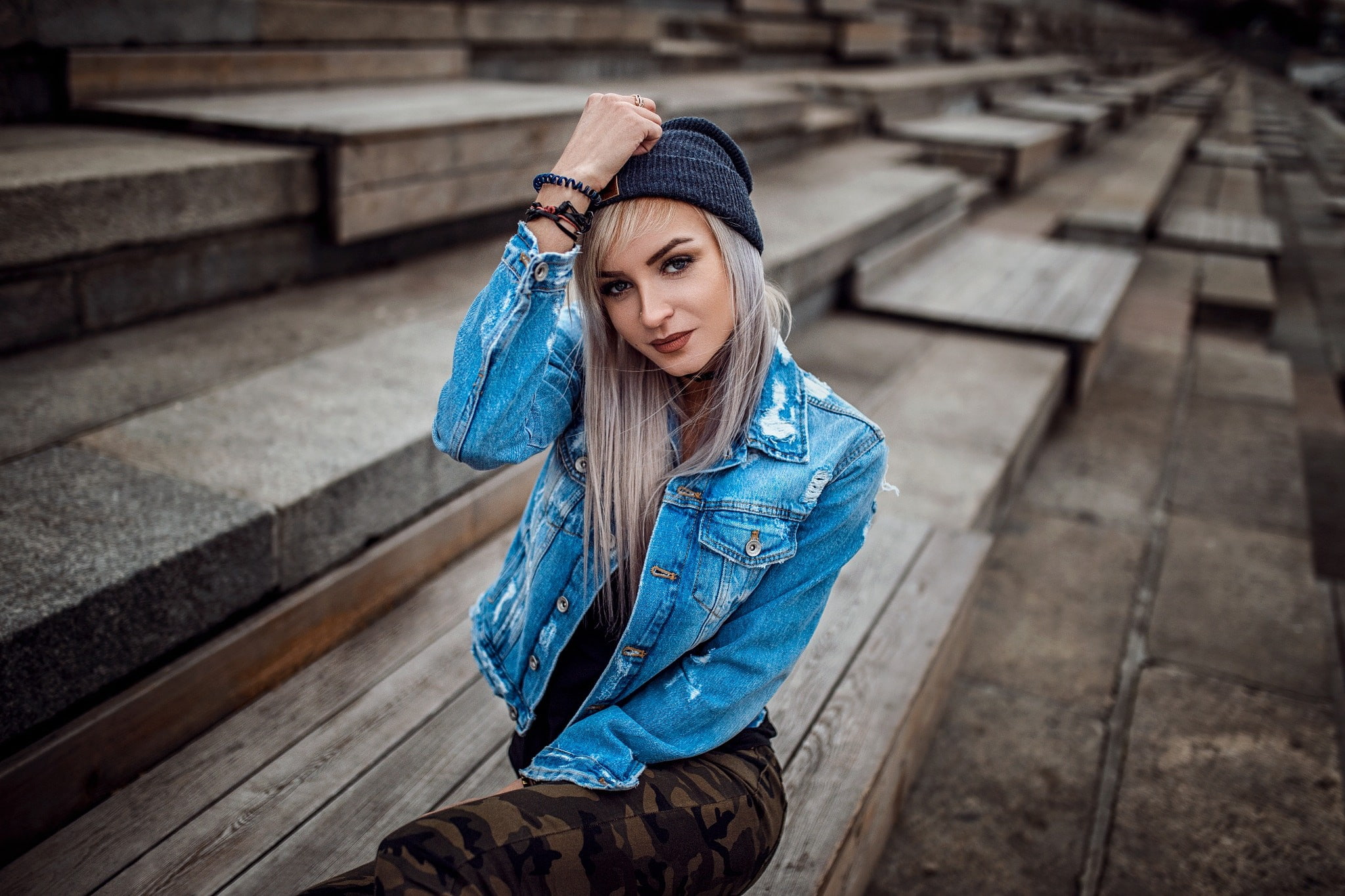 women, denim, depth of field, women outdoors, sitting, pants, 1080P, blonde, portrait, HD Wallpaper