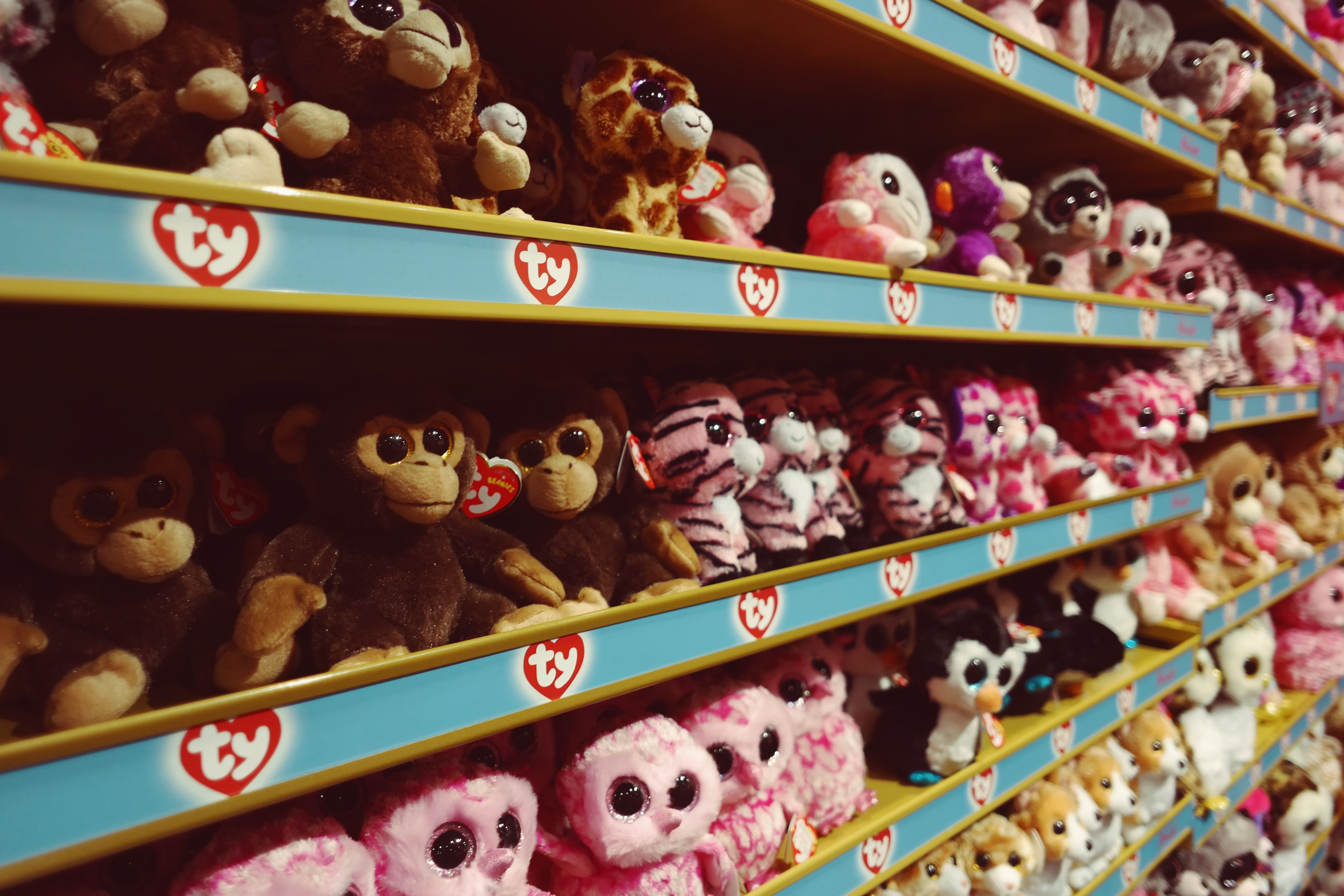 human representation, beanie, childhood, for sale, no people, choice, buy, consumerism, cartoon, toy, shelf, large group of objects, teddy bear, toys, arrangement, HD Wallpaper