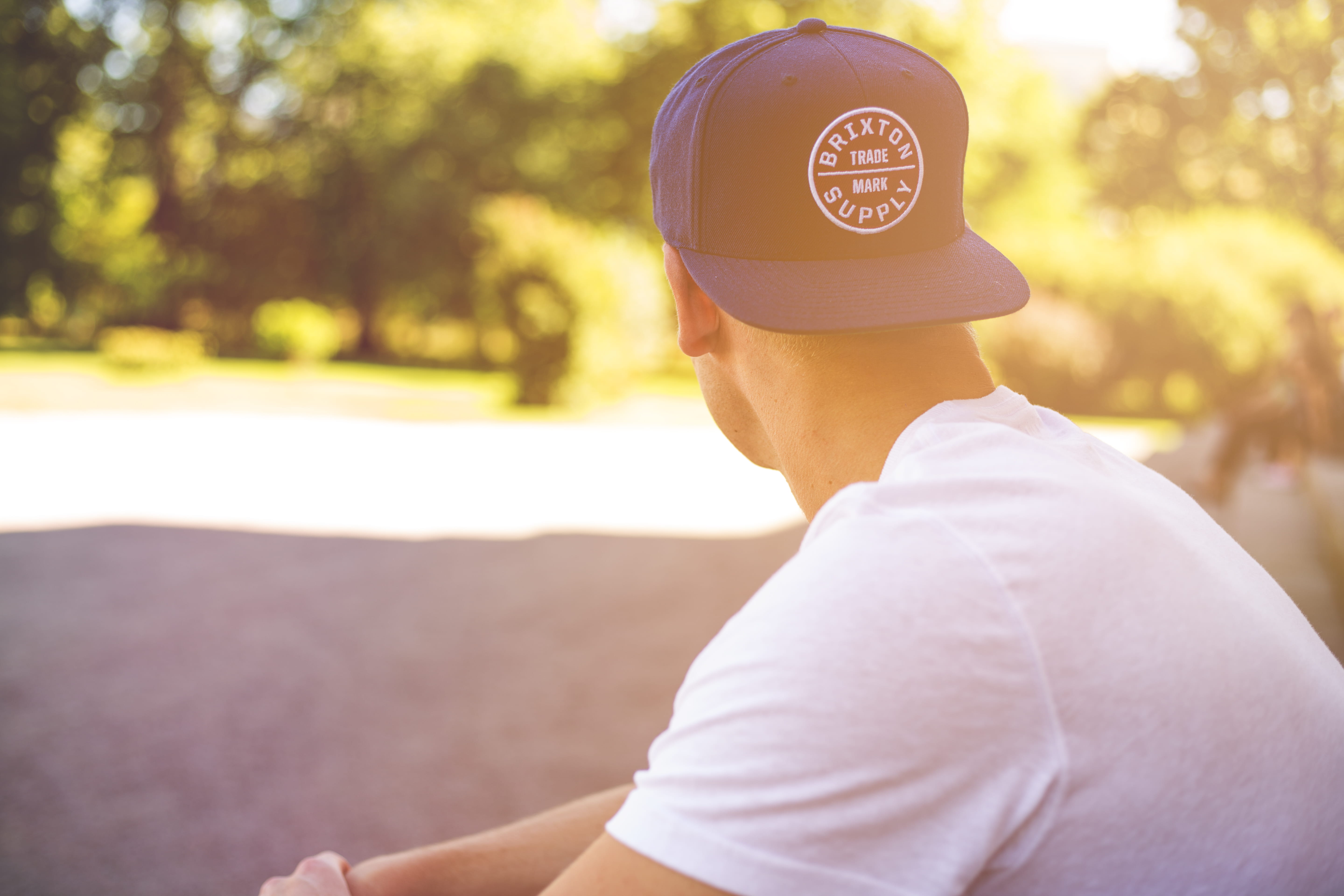 hat, blue, brixton supply, leisure activity, side view, young adult, headshot, shirt, sunlight, casual clothing, cap, no face, park, tree, nature, boy, HD Wallpaper