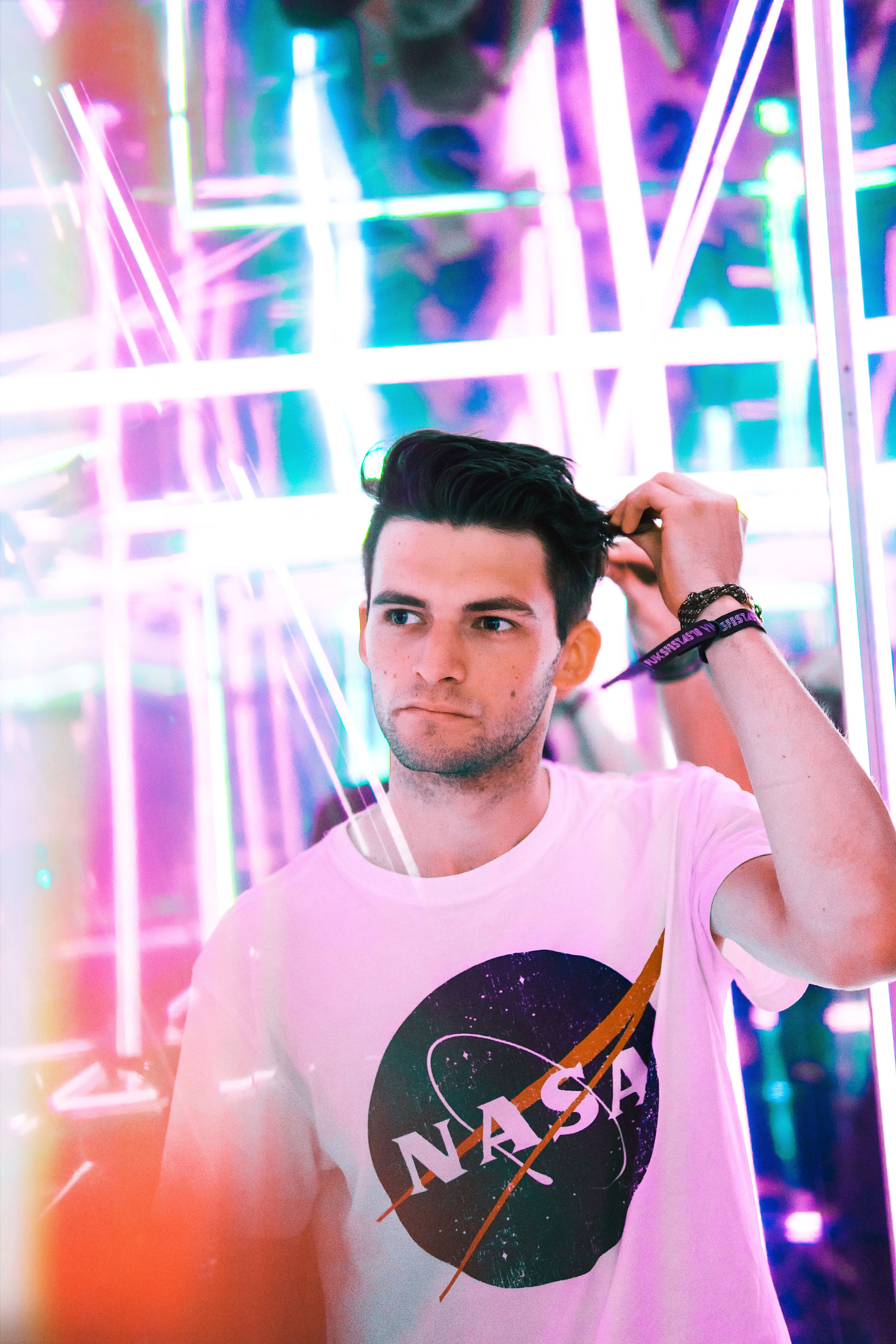 urban Scene, wearing, person, tee, caucasian Ethnicity, looking, flare, males, neon, adult, headshot, neck, night, city Life, athlete, adults Only, portrait, Phone HD Wallpaper