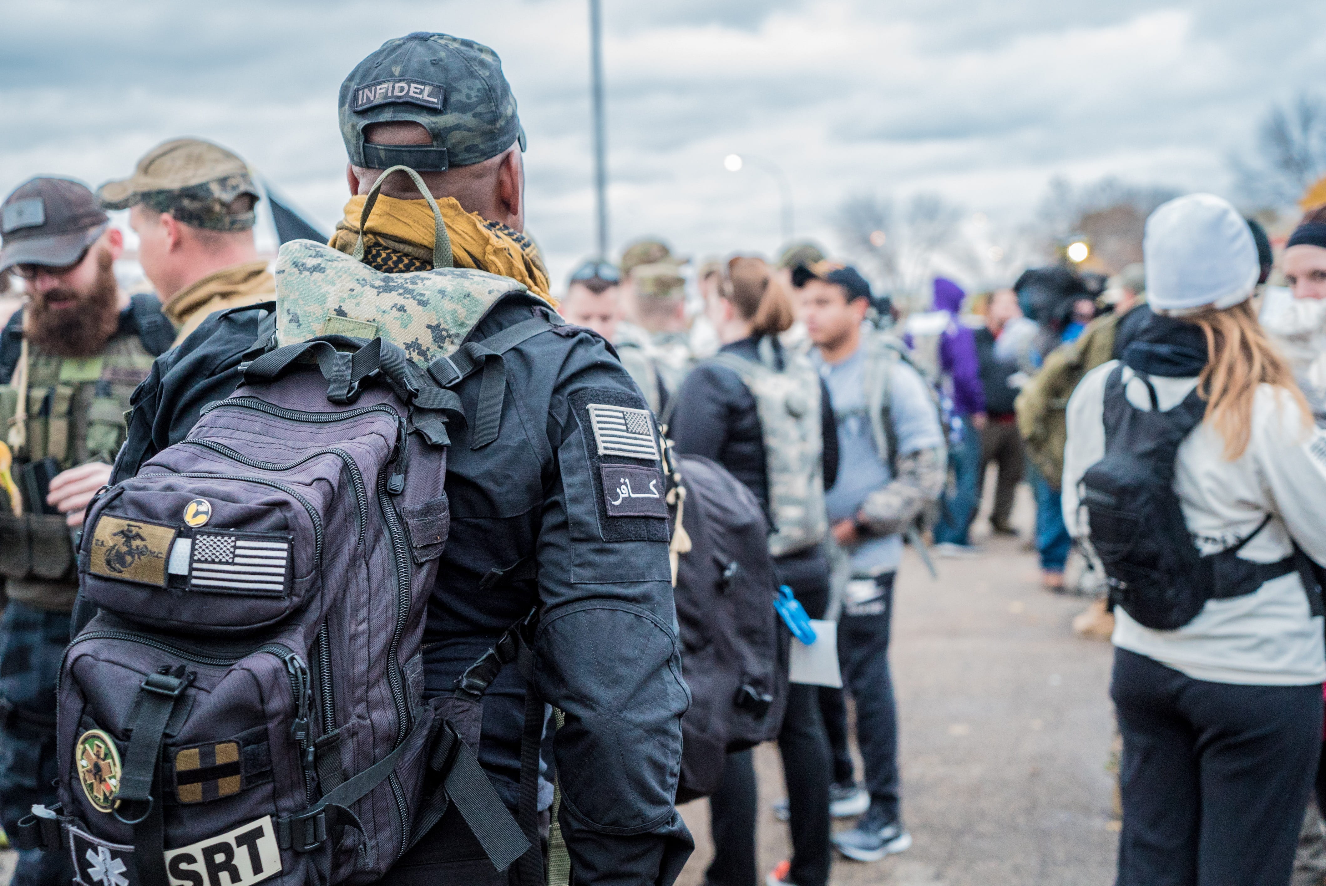 crowd, man, real people, warm clothing, backpack, day, people, marine, group of people, rucksack, men, adult, rear view, airfare, walking, carrying, standing, HD Wallpaper