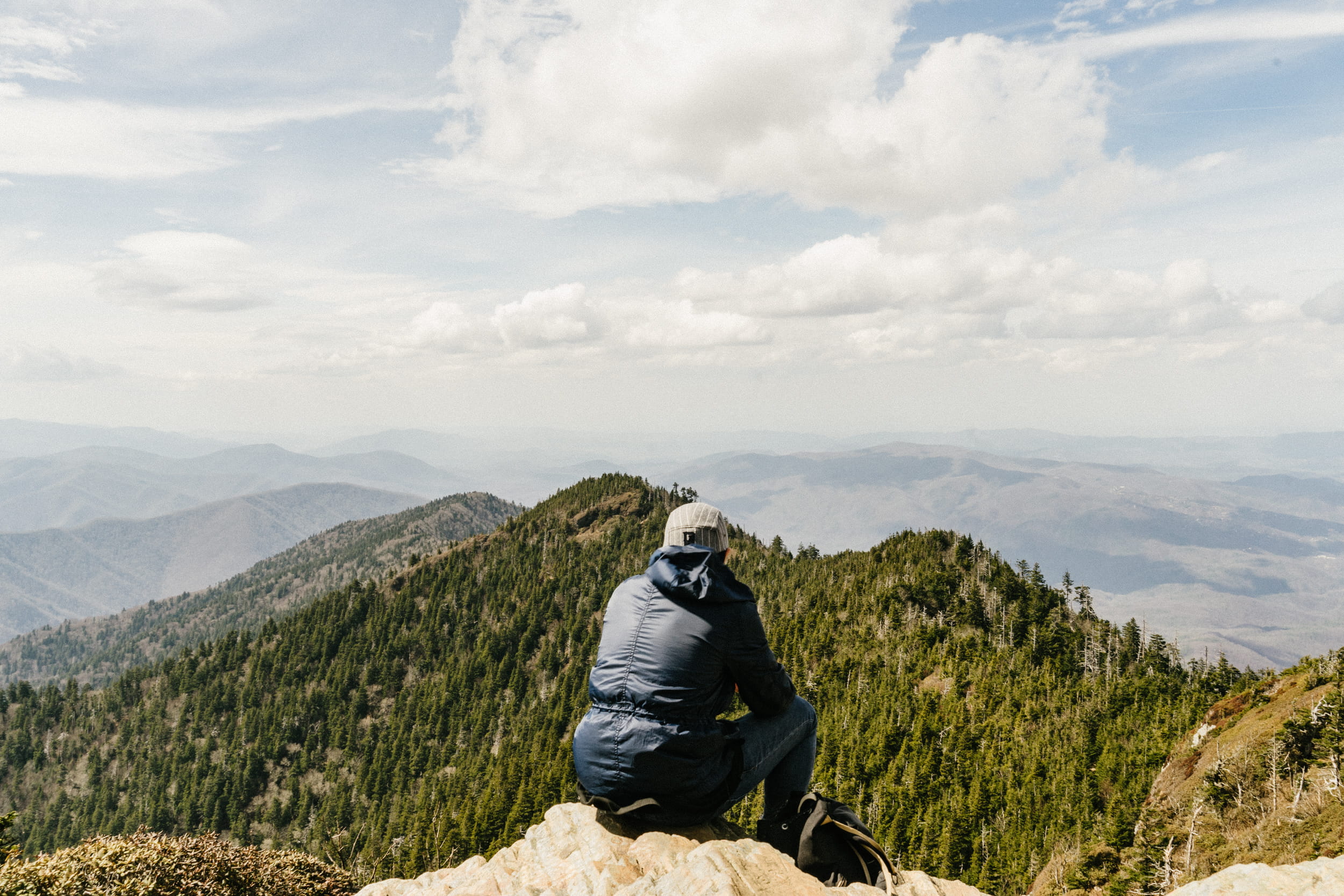 hiking, leisure activity, one person, tranquility, rear view, front, man, cloudy, nature, rock, wanderer, outdoors, tree, holiday, lifestyles, mountain, HD Wallpaper