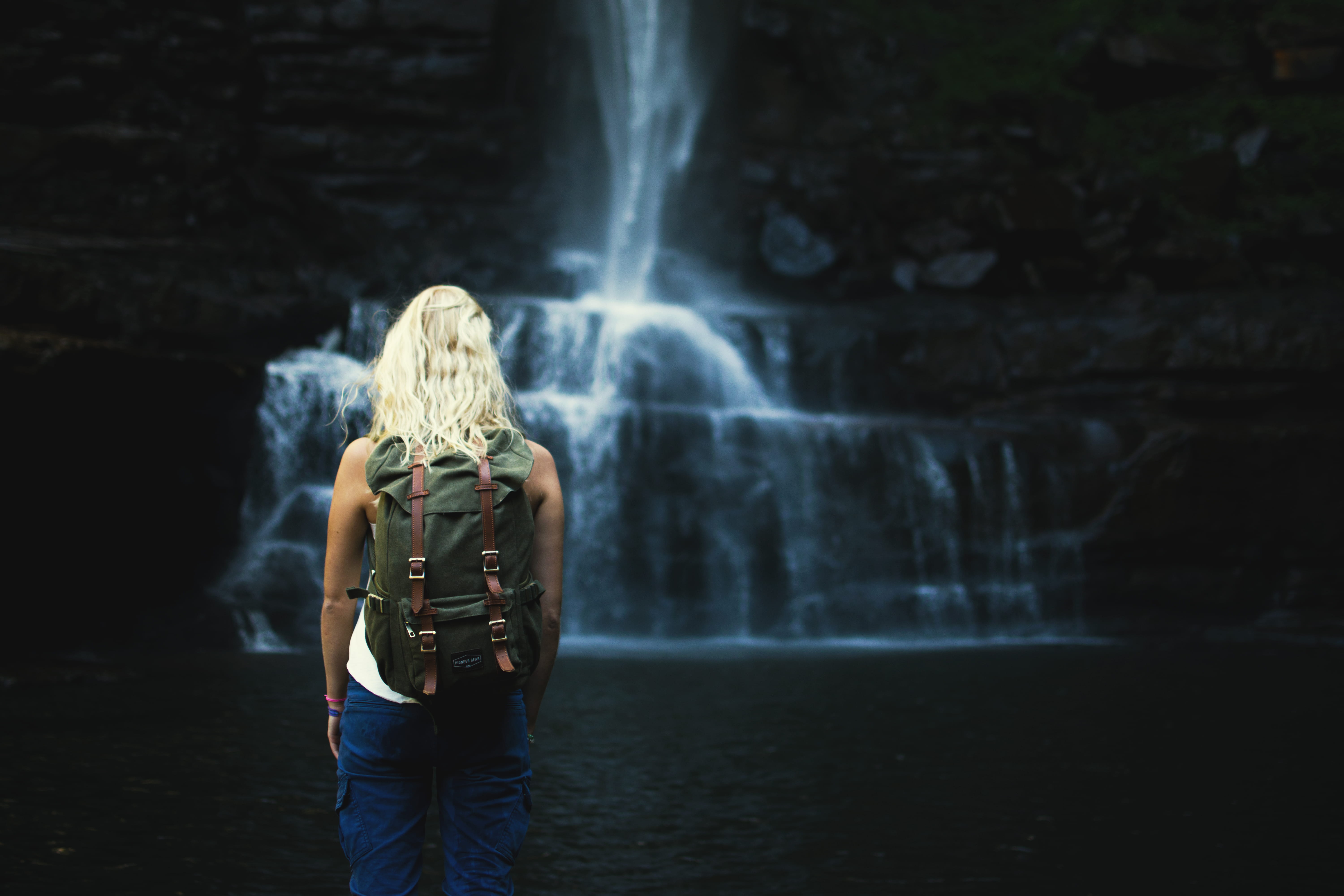 outdoors, long exposure, blond hair, scenics - nature, people, focus, lifestyles, photography, lady, three quarter length, rucksack, waterfalls, females, HD Wallpaper