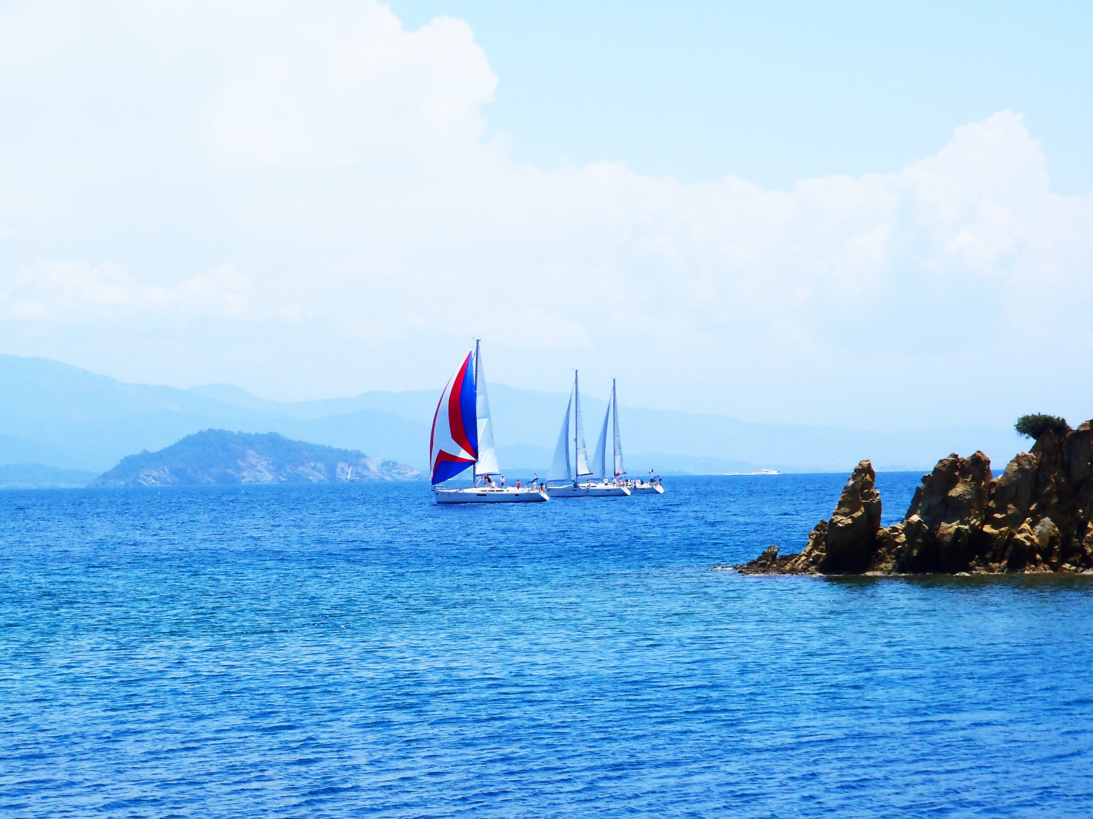 mountain, recover, yacht, boot, turkey, clouds, summer, light wind, calm, relaxation, sailboat, lonely, beauty in nature, tranquil scene, day, water, silent, HD Wallpaper