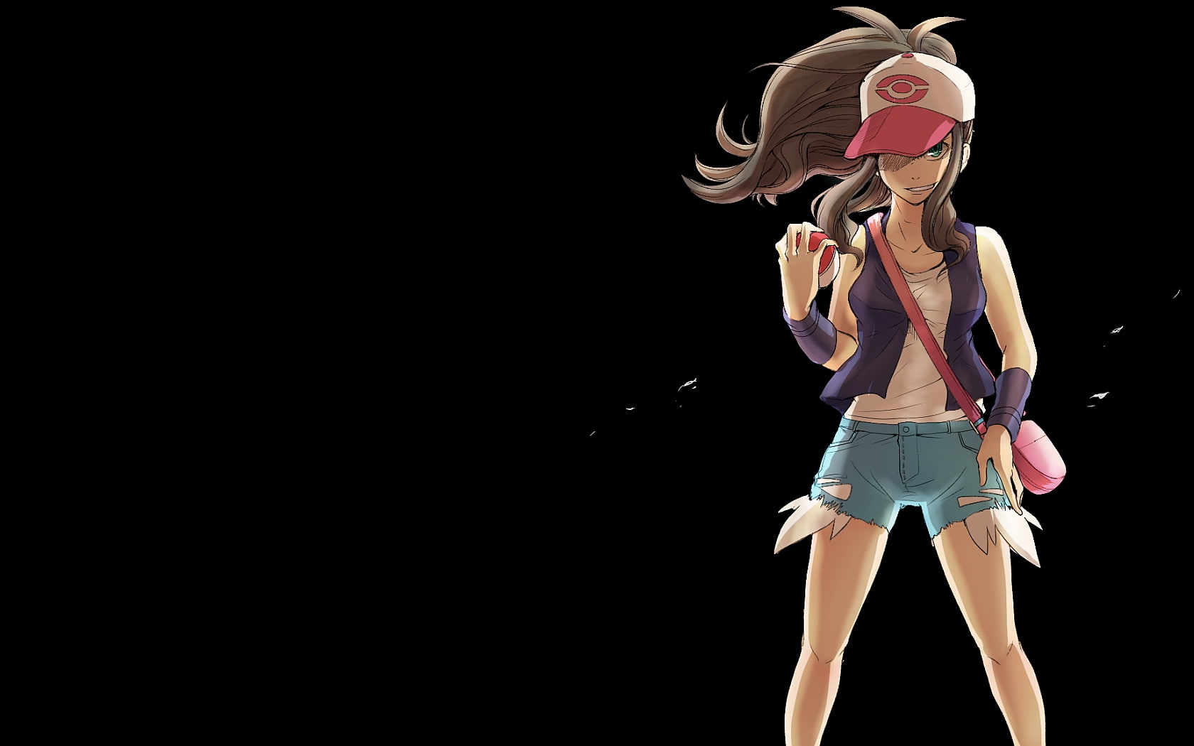 720P, art, Black, hd, balls, poke, background, hats, girls, simple, anime, pokemon, shorts, denim, HD Wallpaper