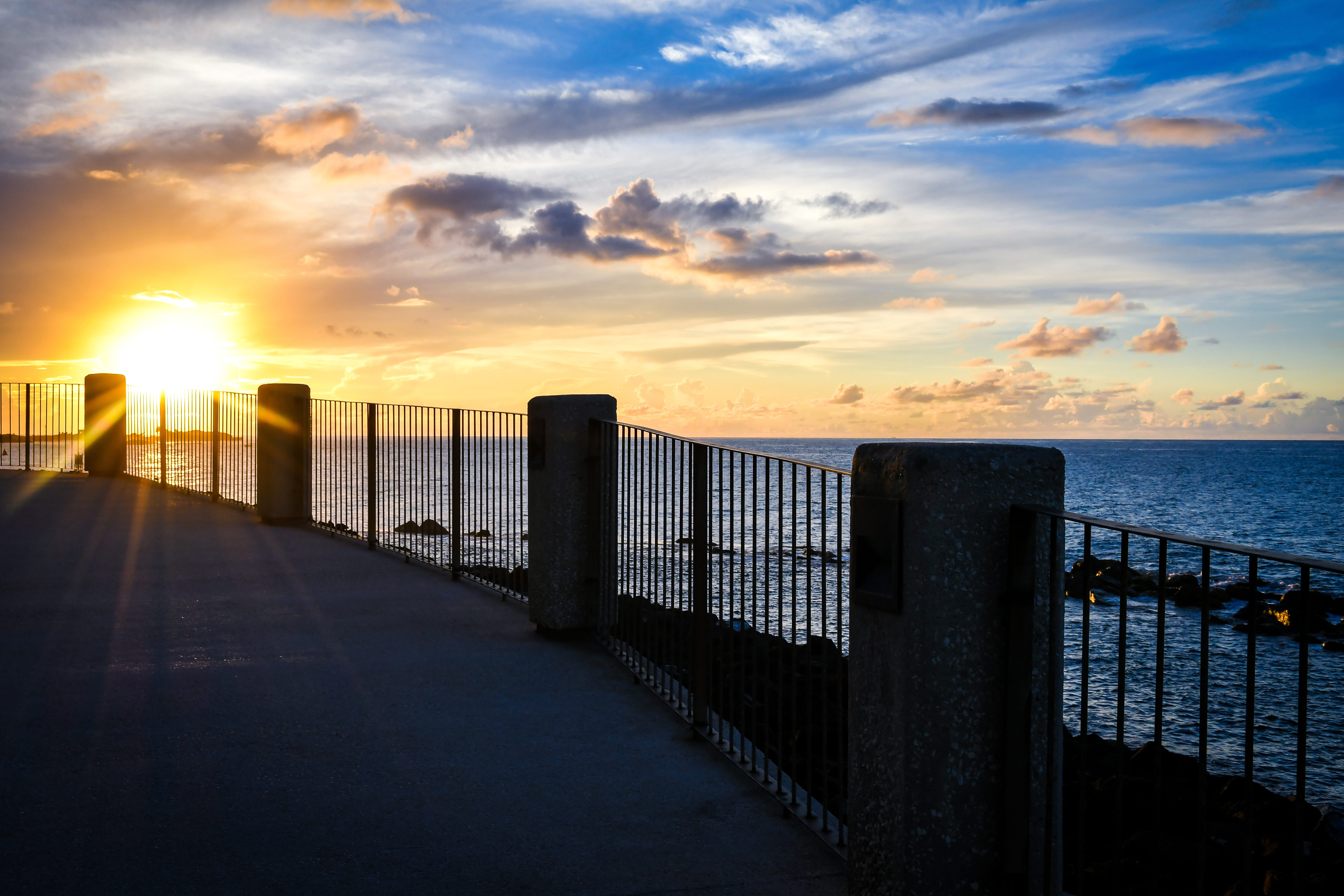 sunset, water, scenics - nature, 5K, dusk, horizon over water, outdoors, architecture, no people, horizon, railing, san juan, dock, puerto rico, orange color, HD Wallpaper