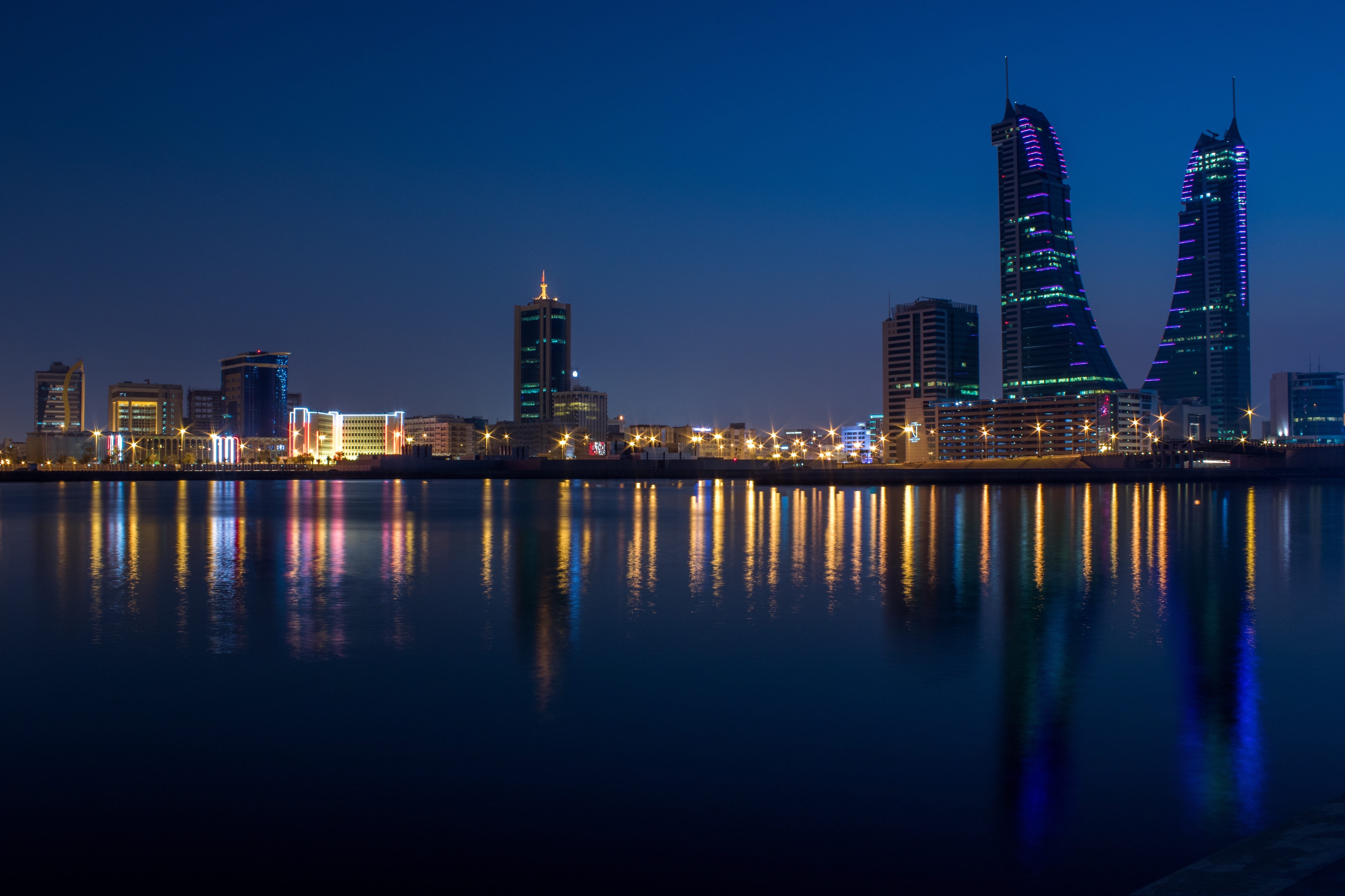 water, landscape, pier, ligh reflection, downtown, financial district, tall - high, port, high rise, city, skyscraper, architecture, office building, illuminated, HD Wallpaper