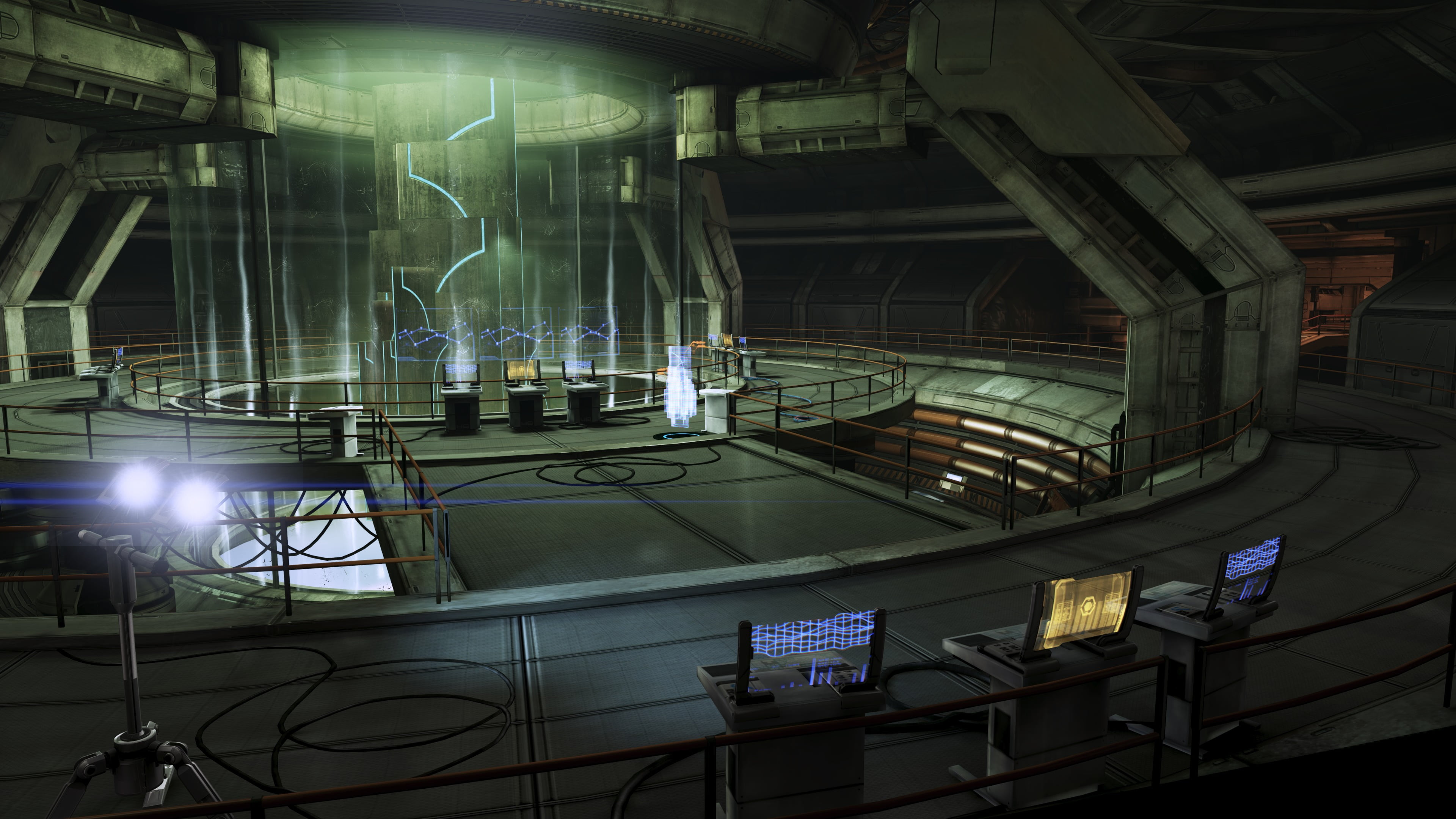 Mass Effect, indoors, no people, lighting equipment, glass, ceiling, 4K, built structure, complexity, light, science fiction, industry, illuminated, business, HD Wallpaper